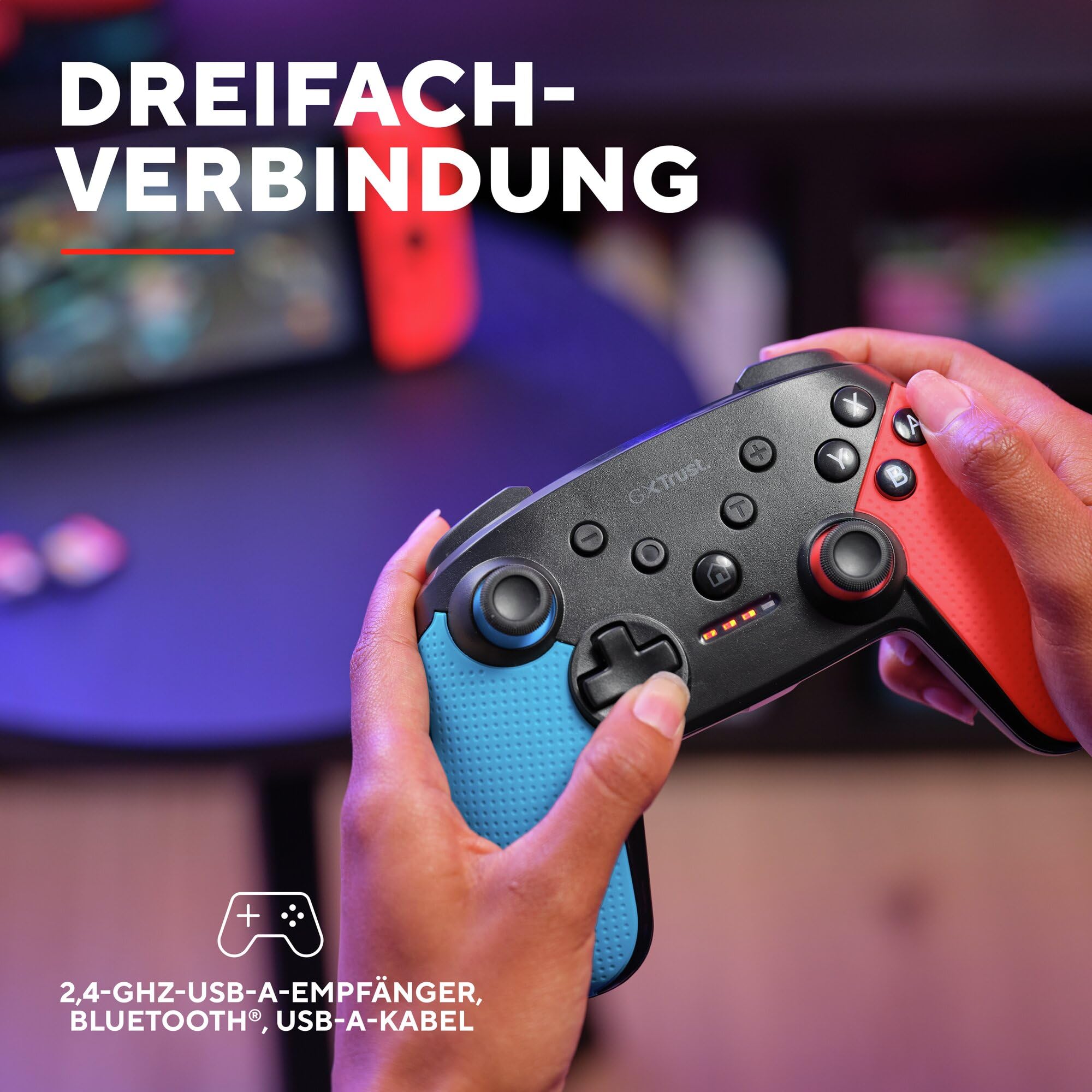 Trust Gaming GXT 1246B Muta Bluetooth Nintendo Switch Controller, Gaming Controller mit Play-and-Charge-Kabel, Dual-Shock-Vibration, 15h Spielzeit, Aufladbarer Akku, für Switch Lite, OLED, Blue Rot