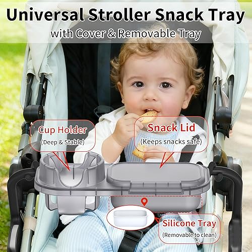 Miniatura 8 de Bandeja universal para refrigerios para cochecito, bandeja 3 en 1 con abrazadera y agarre de brazos de silicona y bandeja de silicona desmontable,