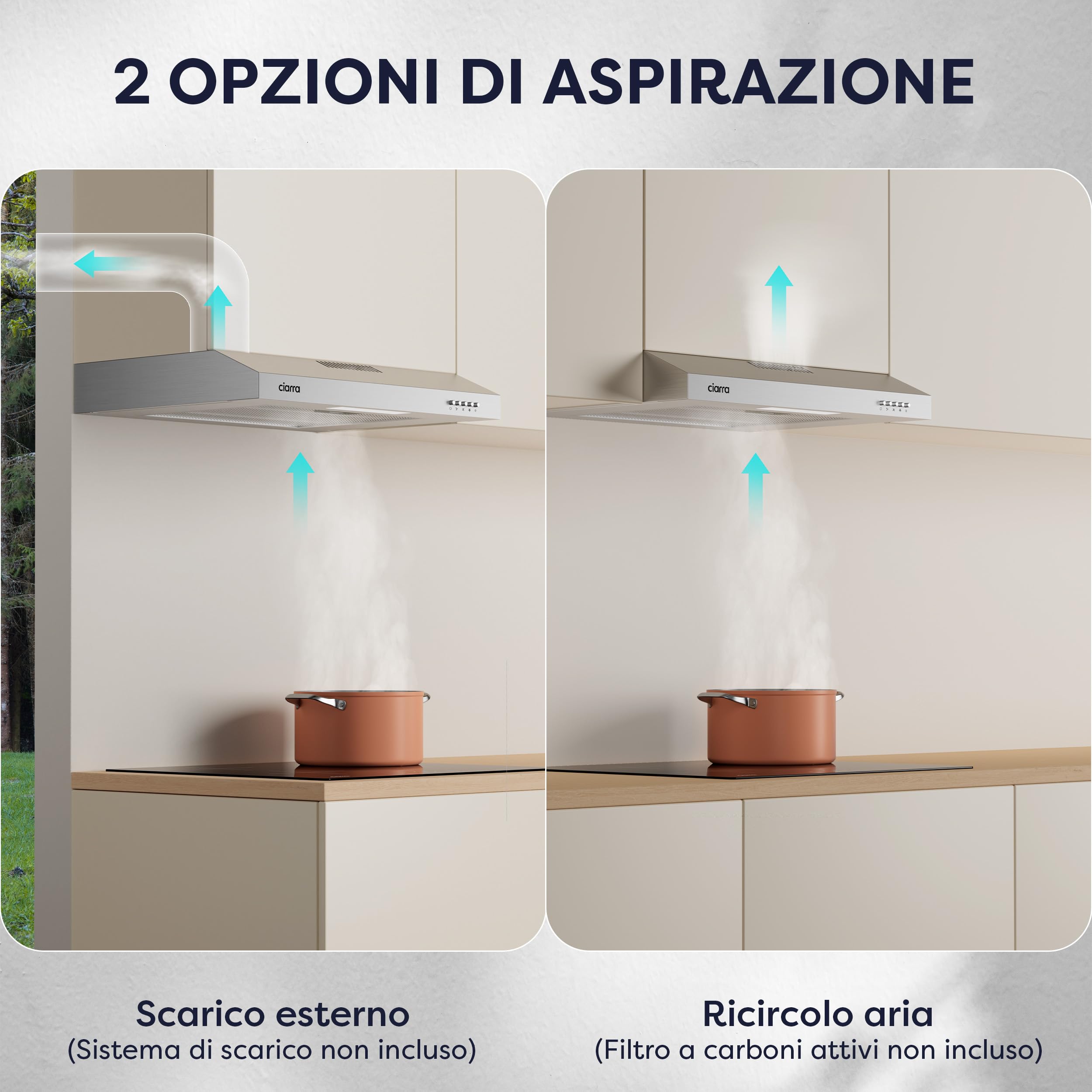 CIARRA Cappa Aspirante 60 cm Sottopensile Cappa da Cucina con Pannello Argento LED Montaggio a Parete con Ventola Estrattore (Acciaio Inox)-CAW6903A