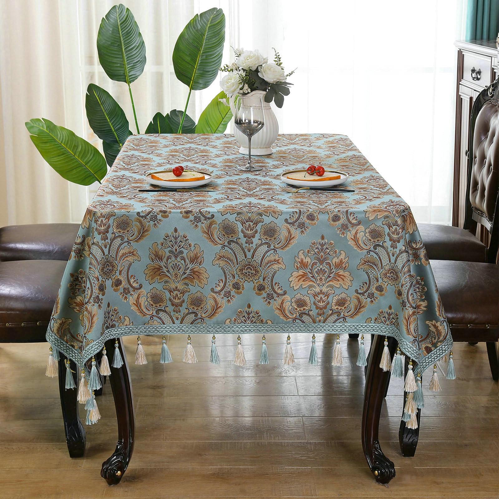 Tischdecke 150x220 cm, Stickerei mit Quasten Polyester, Blau