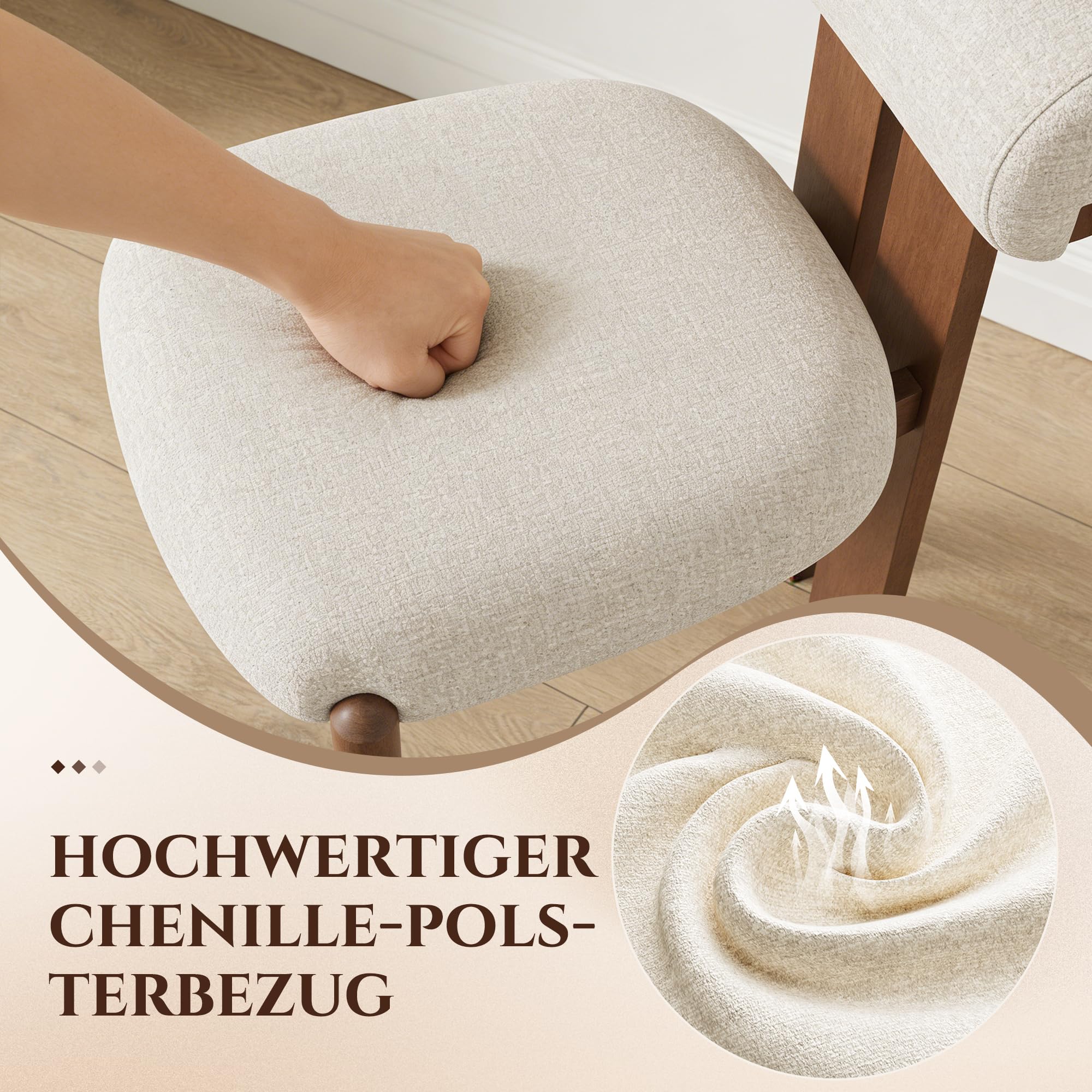 MALOL Esszimmerstühle 6er Set, Mid-Century Modern Polsterstühle aus Stoff mit Stabiler Rückenlehne & dunkelbraunen Holzbeinen, Beige – Geeignet für Esszimmer, Küche und Gastronomie, Beige