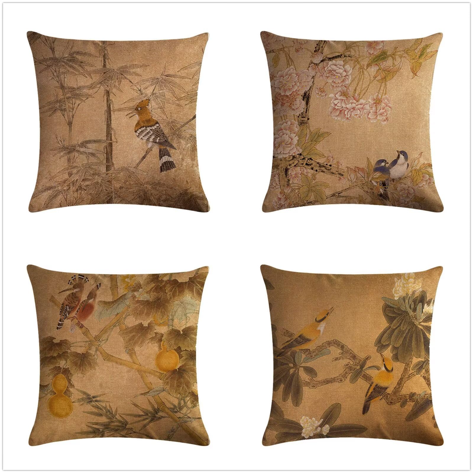 Juego de 4 Impermeable Funda de Cojín Flores Chinas,55x55cm Moderno Suave Transpirables Lino Fundas de Almohada Cojines Decorativos con Cremallera Oculta para Exterior Sofá Cama Coche Hogar