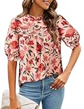 Floral Tops for Women Blouses Dressy Casual 2025 Summer Trendy Outfits Boho Pleated Short Sleeve Shirts