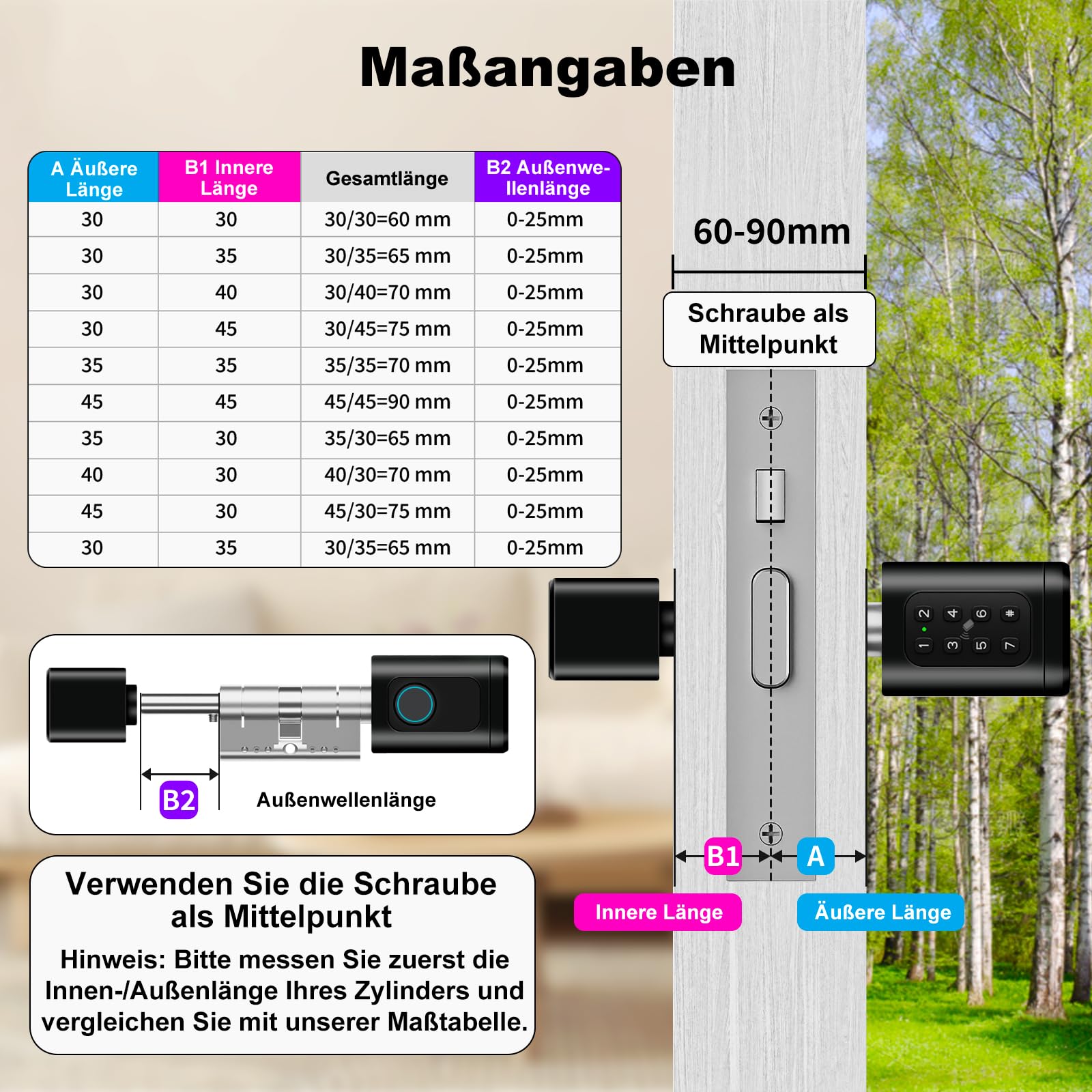 Türschloss Fingerabdruck, Fingerabdruck Schloss, Verstellbare Länge elektronisches türschloss, Smart Lock mit RFID-Karte, App, WLAN, Bluetooth-Entriegelung,Verlängerungszubehör,60–90 mm, schwarz