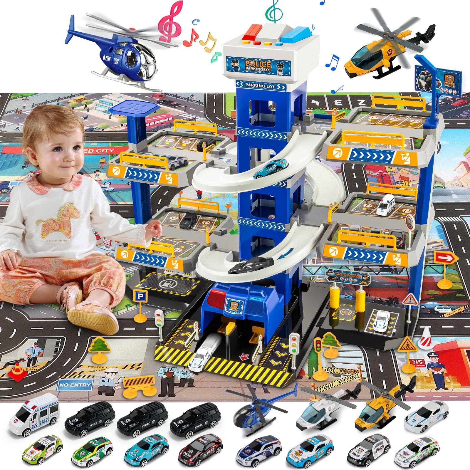 BuzzoXerex 5 Plantas Garaje Coches para Niños, Parking Molto con 14 Coches y 2 Helicóptero, Parking Juguete con Pista de Coches y Ascensor, Educativos Regalos para Niños 5 6 7 8 9 Años (Policía)