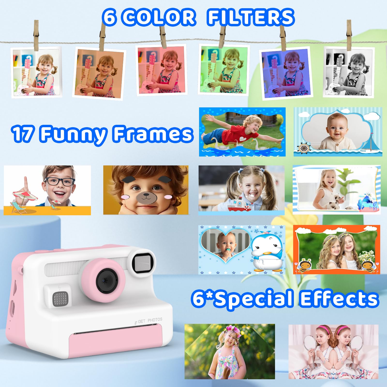 Macchina fotografica bambini istantanea,Regalo di Natale e Compleanno per giochi Bambina 4 5 6 7 8 9 10 11 12 Anni, Fotocamera Digitale Selfie 1080P con 3 Rotoli di Carta Termica e Scheda da 32GB