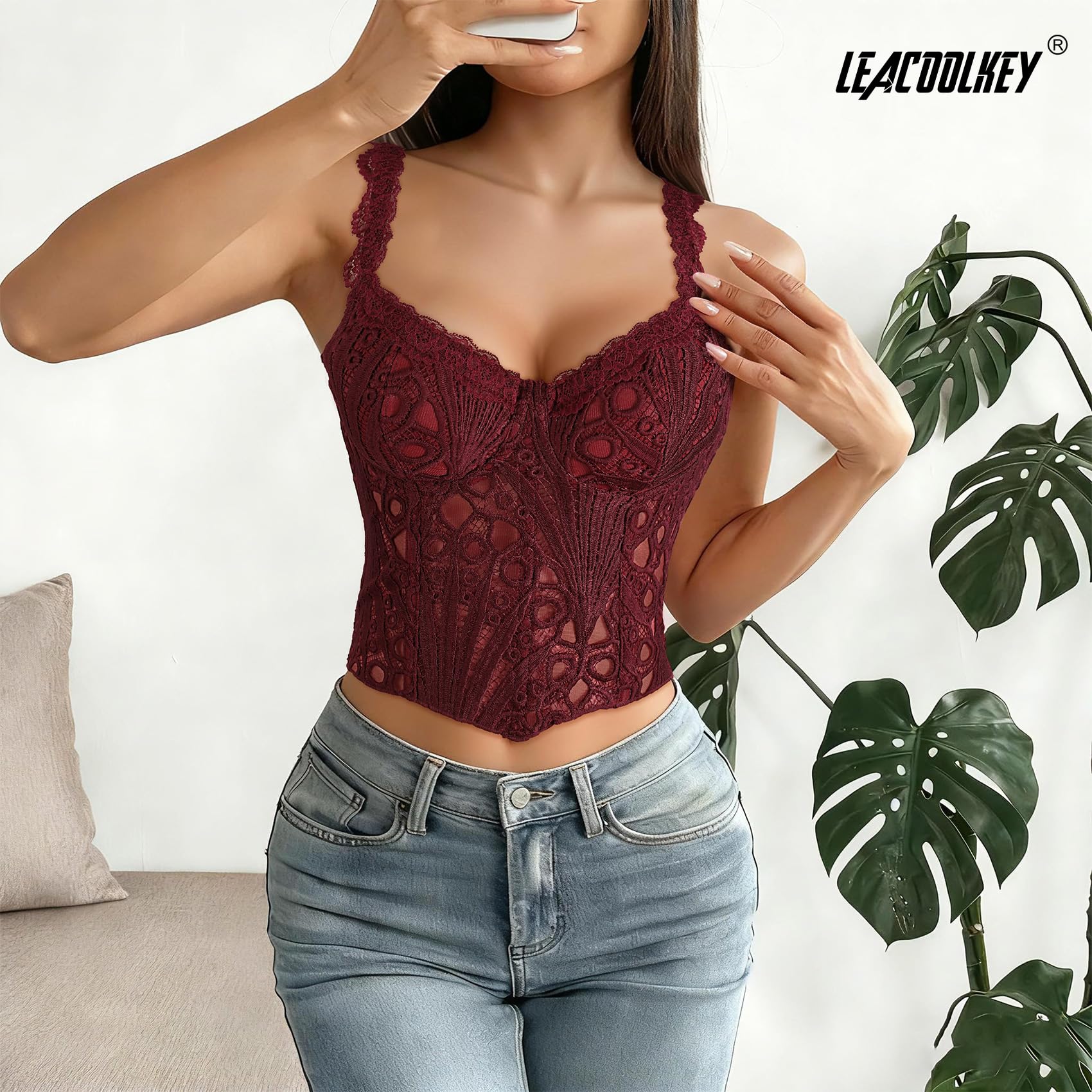 LEACOOLKEY Corsetto da Donna in Pizzo Bustier Sexy Trasparente a Fiori Top Corto Elegante in Rete con Lacci Corpetto Top Modellante per Uscite, Appuntamenti, Feste e Festival Musicali