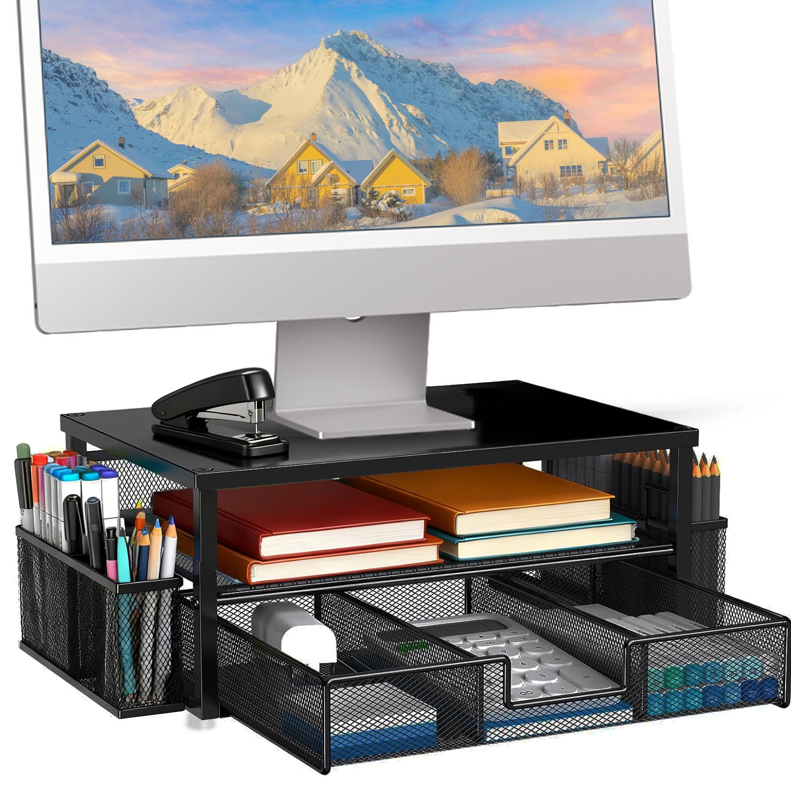Monitor Stand Riser, Office Desk Shelf, 2-Tier Metal Computer Stands Organiser, Home Desktop Organizer with Drawer and 2 Pen Holder - Laptop Monitors PC Printer Notebook Accessories Black-image-15