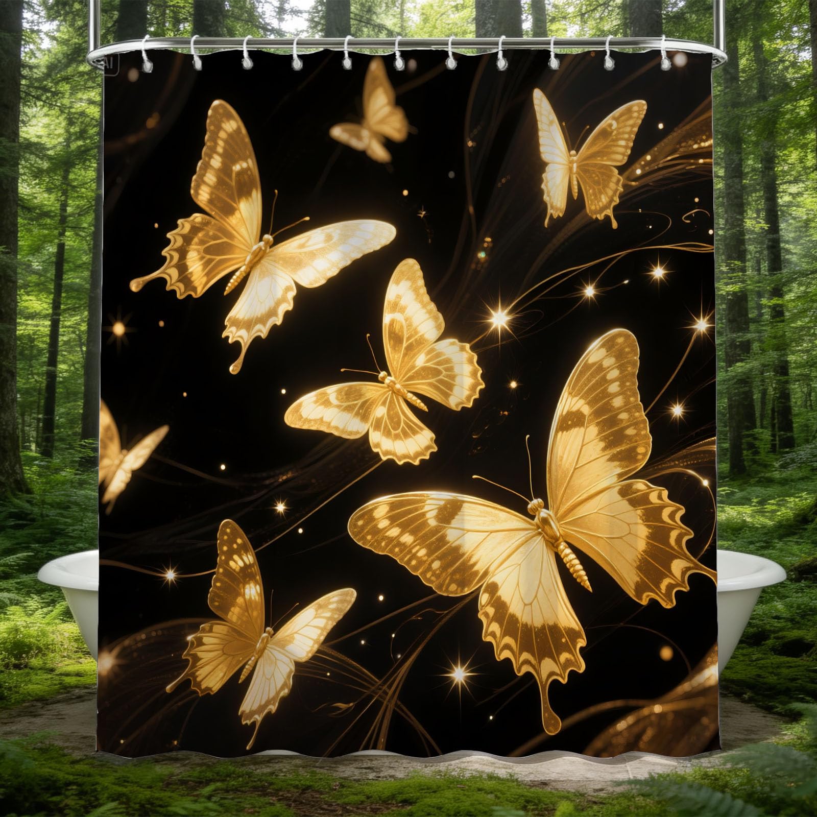 Hongduo 3D Black Gold Butterfly Shower Curtain for Stalls Bathtubs Starlight Bathroom Decor Shower Curtain Set Polyester Fabric Waterproof 200x200cm/79X79 Inch with Hooks