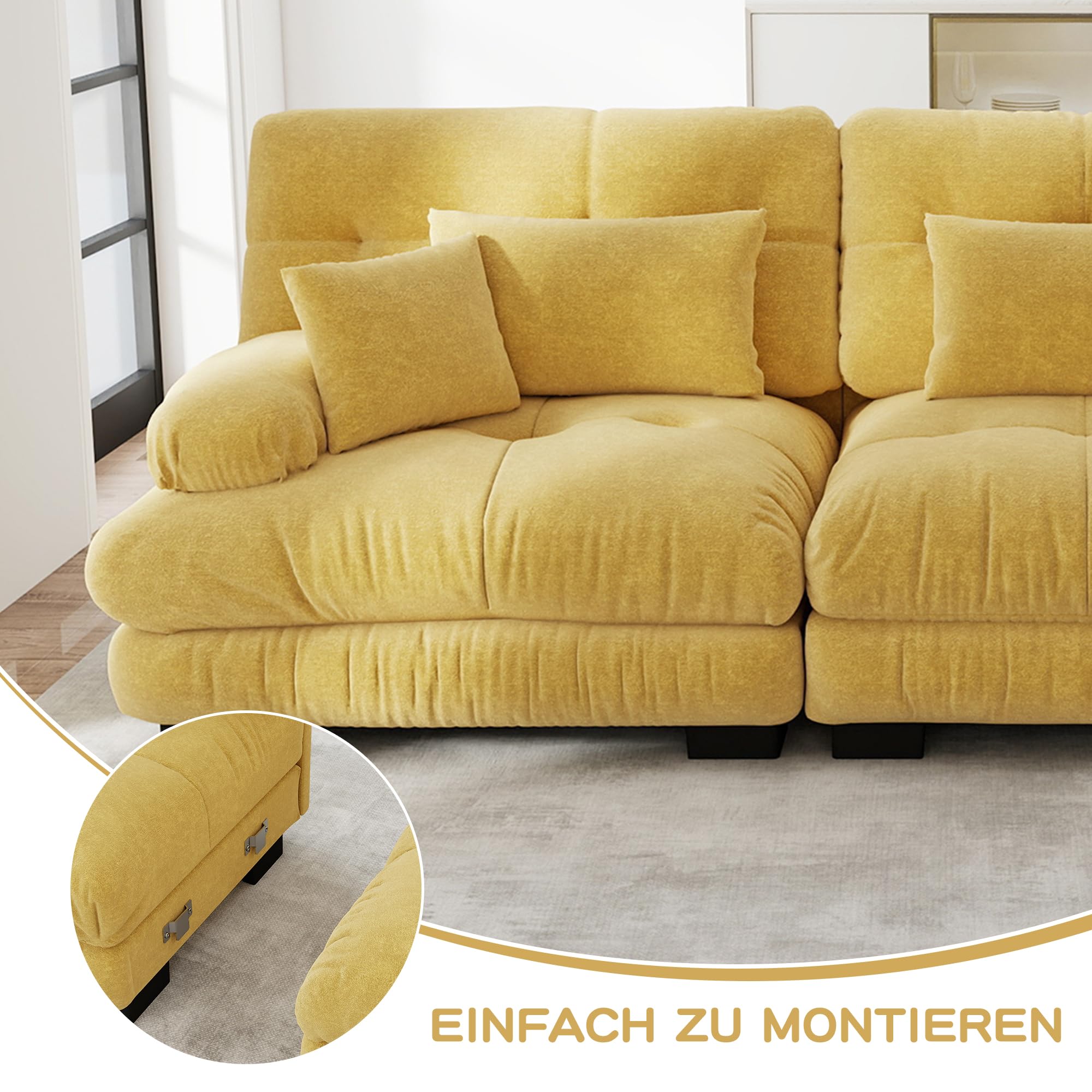 Modulares Sofa aus Chenille-Stoff Ecksofa mit Fußhocker Kissen frei kombinierbar für Wohnzimmer, Schlafzimmer und Büro