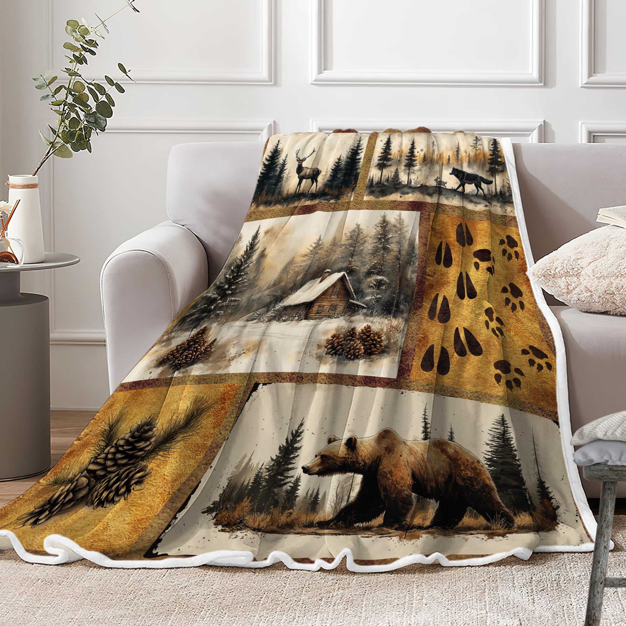 Rustic Throw Blankets, Brown Cabin Country Antique Bear Moose Forest Vintage Wood Cozy Warm Bed Couch Blanket, Farmfouse Loge Hunting Camping Fleece