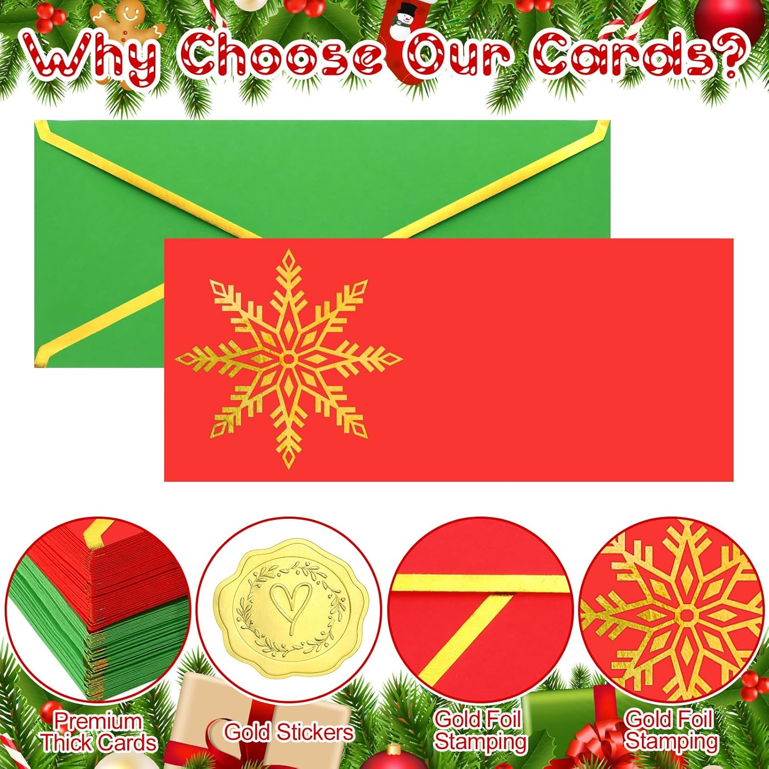 Watersay 100 Set Christmas Cards with Envelopes Stickers Bulk #10 Gift Red Green Holiday Envelopes with Gold Snowflake Foil Greeting Card Stickers for Xmas Festival Party Supplies