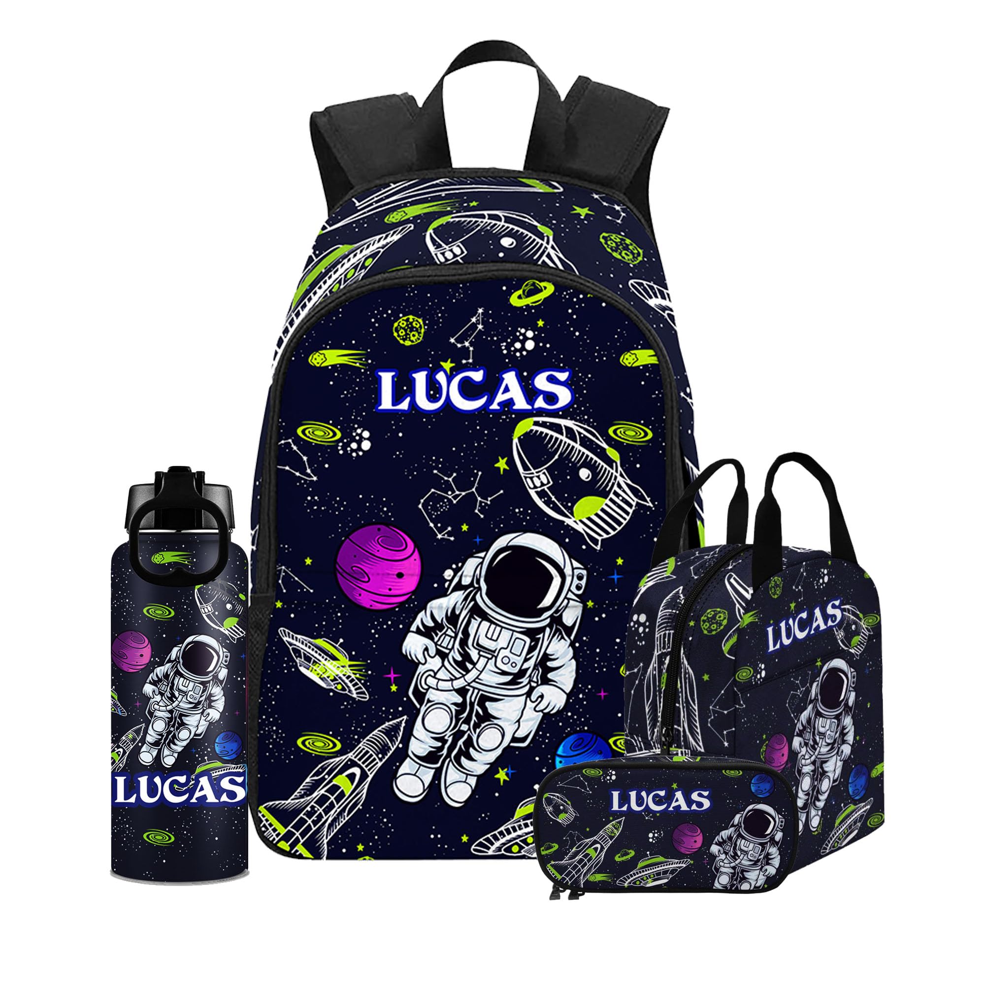 Konijoyce Custom Planet Astronaut Backpack Personalized Name Text Backpack with Lunch Bag Pencil Pounch Daypacks Customized BookBags School Bag for