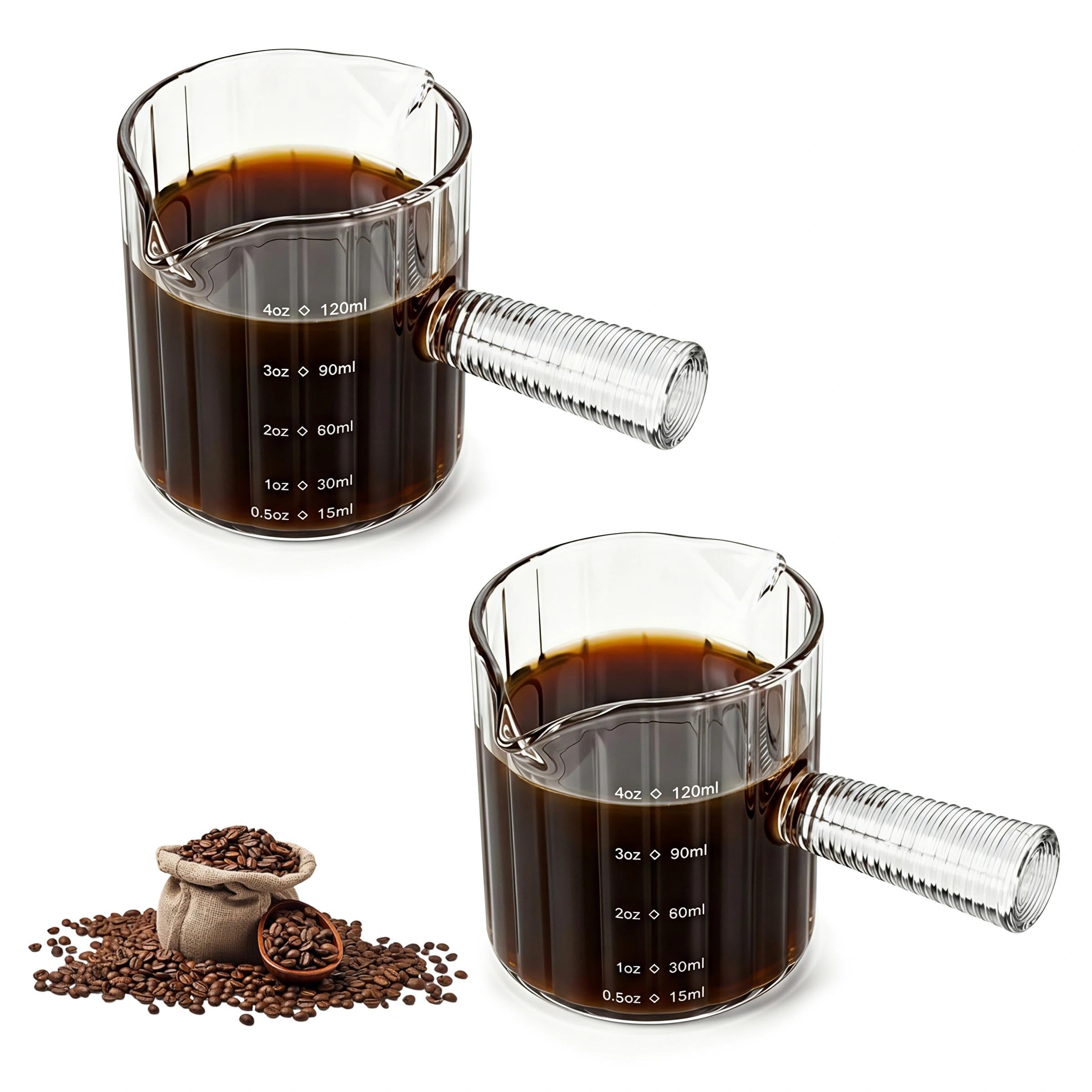 2pcs Espresso Cups with Glass Handle 4OZ/120ml, Double Spout & Dual Scale