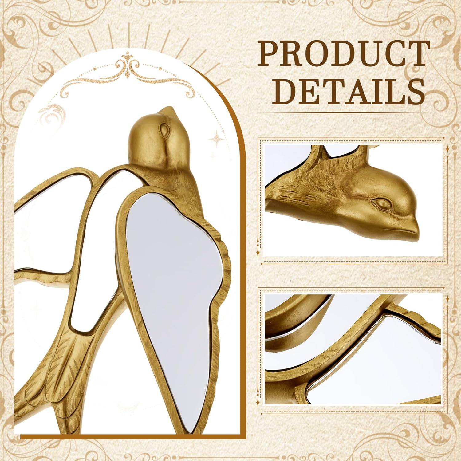 Sliner 2 Pcs Swallow Mirror Wall Decor, Gold Resin Swallow Glass Wall Decor, Retro Decorative Bird Animals Mirrors, Ideal for Victorian and European Themed Home