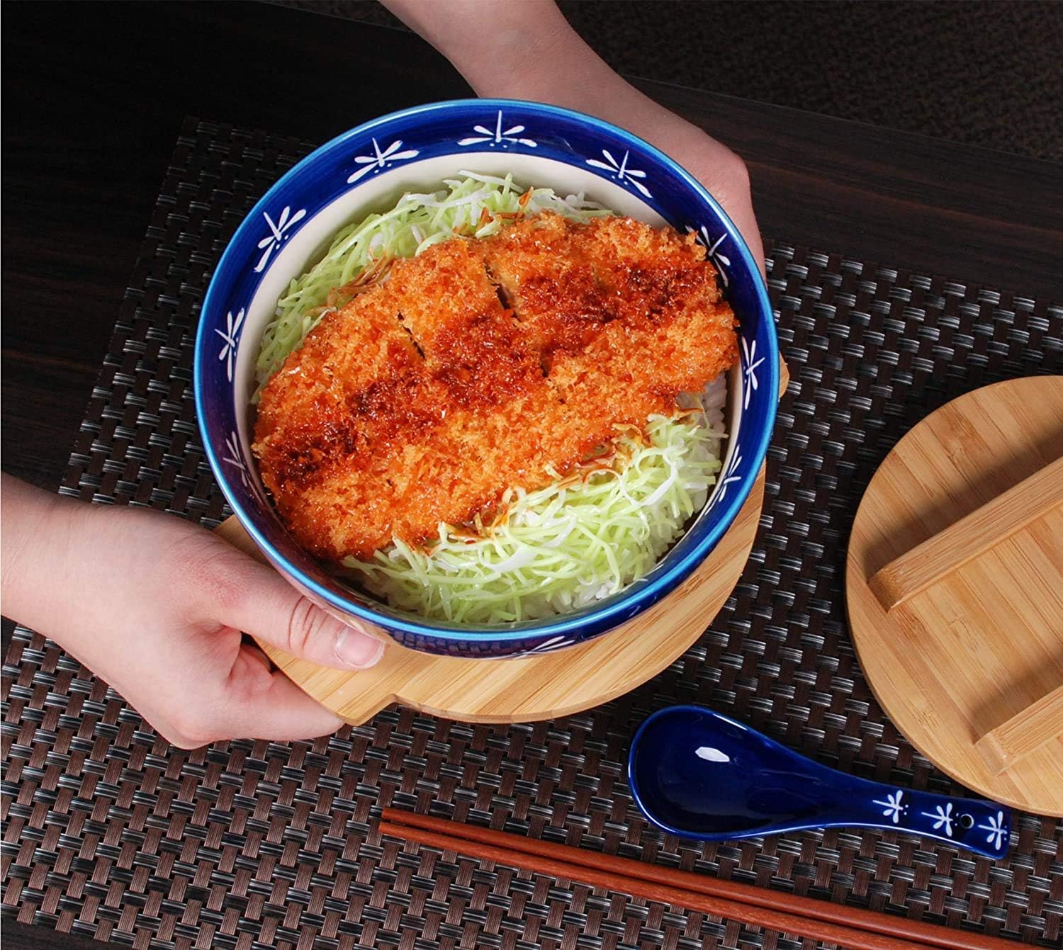 Happy Sales HSKM-DGFLY4, Japanese Kamameshi Vintage Style Rice Noodle Ramen Bowl with Bamboo Lid Trivet Chopsticks and Porcelain Spoon Bowl Set, Dragonfly