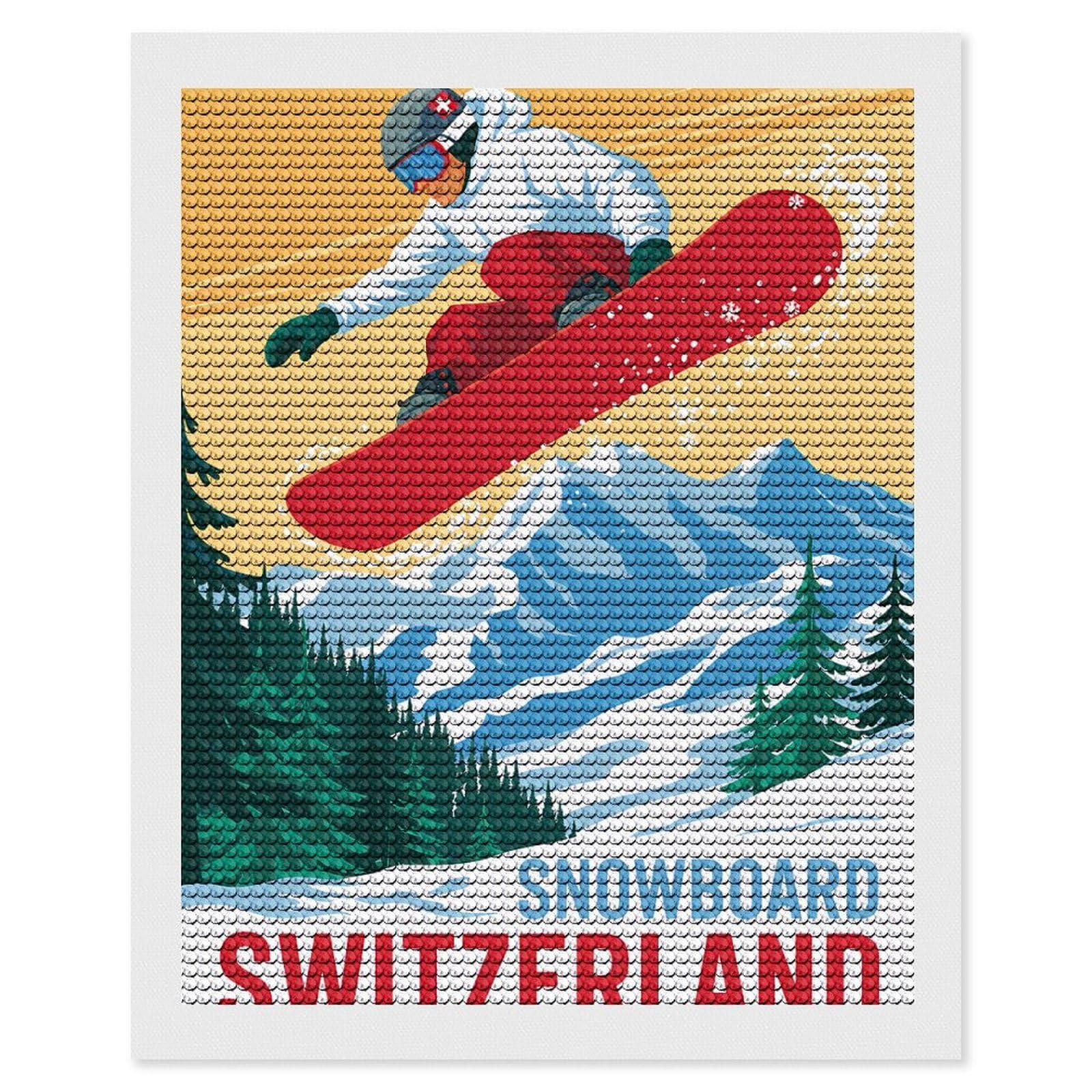 Junmoney Snowboard Switzerland Vintage Travel Diamond Painting Set 16"x20", Sparkling Round Gems, Decorate Your Room, Fun Craft Experience, Modern Decor