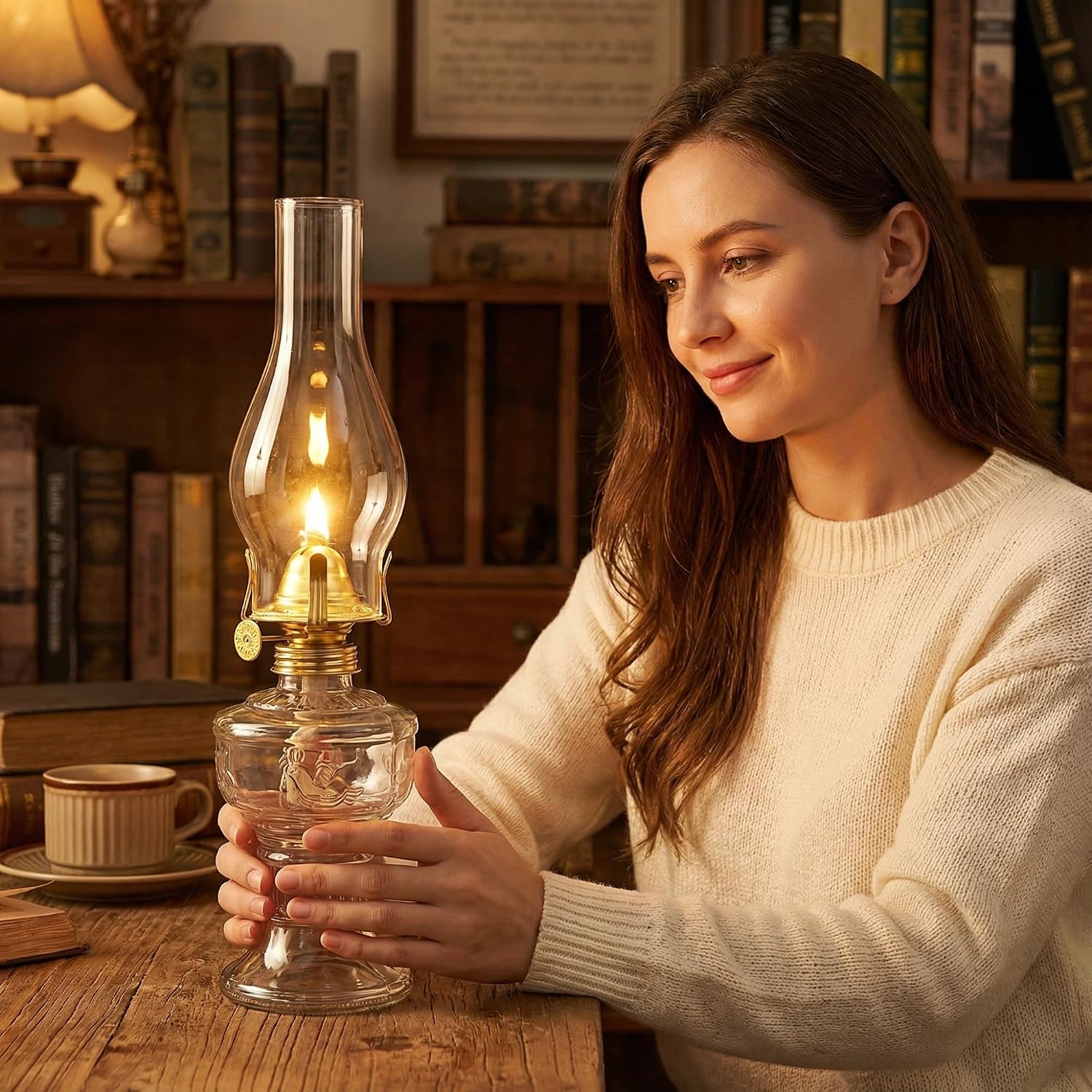 Vintage Kerosene Oil Lamp 12.8" Glass Hurricane Oil Lantern, 250ml Chamber Oil Lamp with Adjustable Wick, Decorative Farmhouse Table Lamp for Indoor Outdoor Emergency Lighting(Clear)