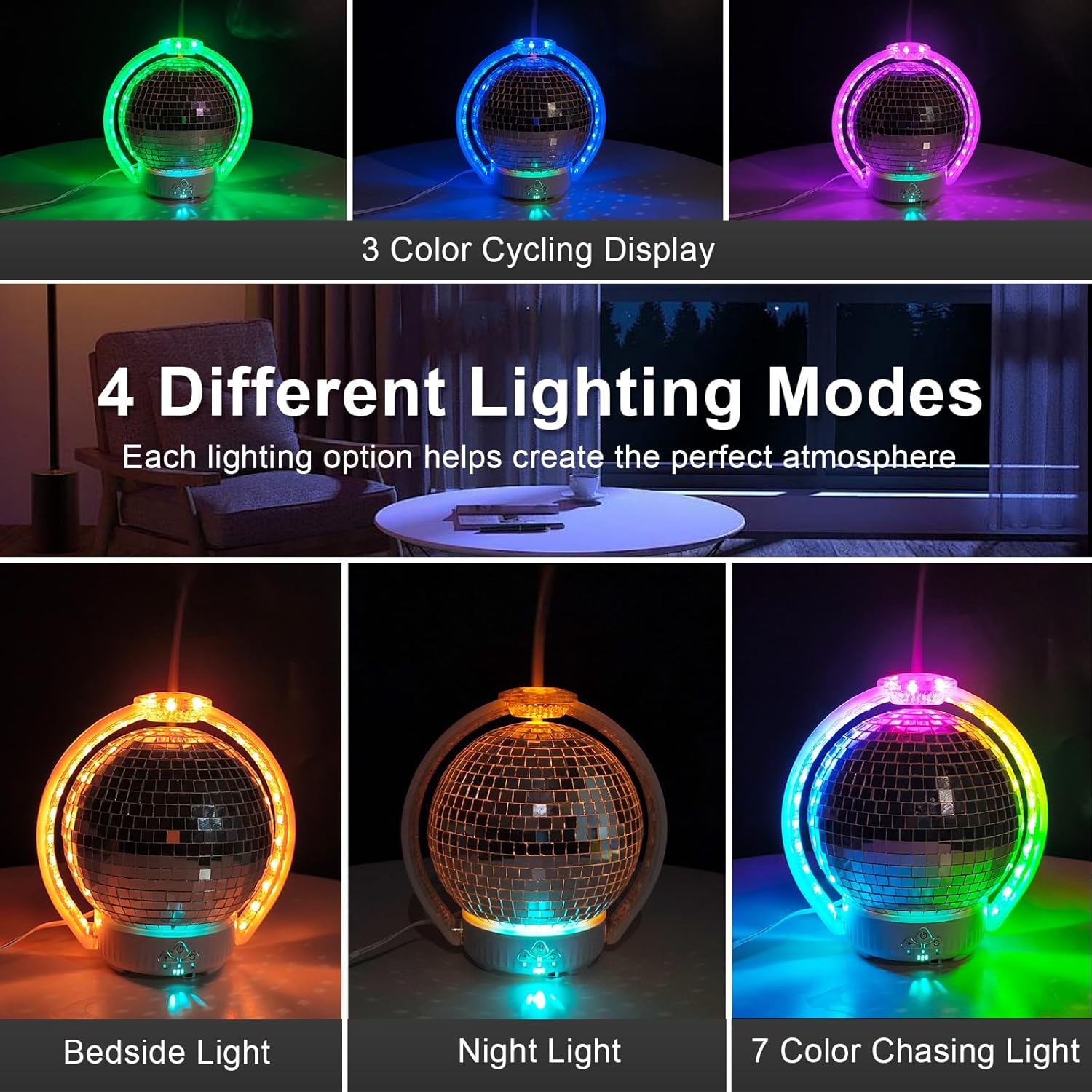 Rotating Disco Ball Diffuser, Mirror Ball Cute Diffuser with RGB Color Night Light, 2Timer Seting & 3 Light Mode Mirror Essential Oil Diffuser Aromatherapy Diffuser for Home Decor, Party, Bedroom