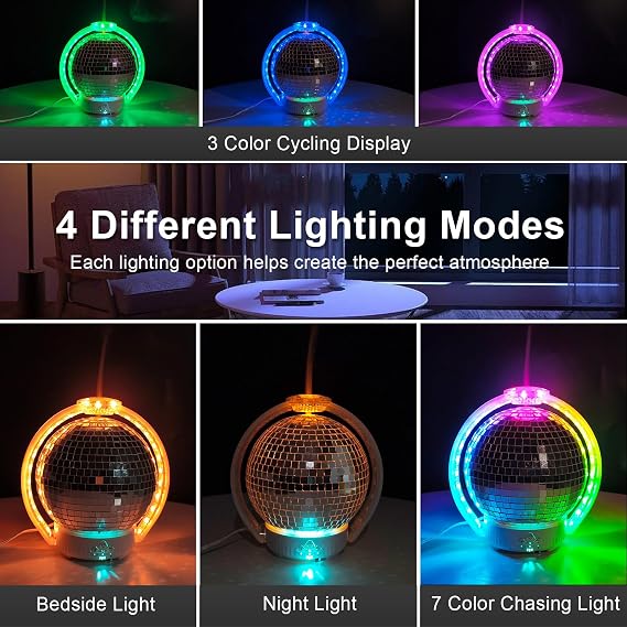 Rotating Disco Ball Diffuser, Mirror Ball Cute Diffuser with RGB Color Night Light, 2Timer Seting & 3 Light Mode Mirror Essential Oil Diffuser Aromatherapy Diffuser for Home Decor, Party, Bedroom