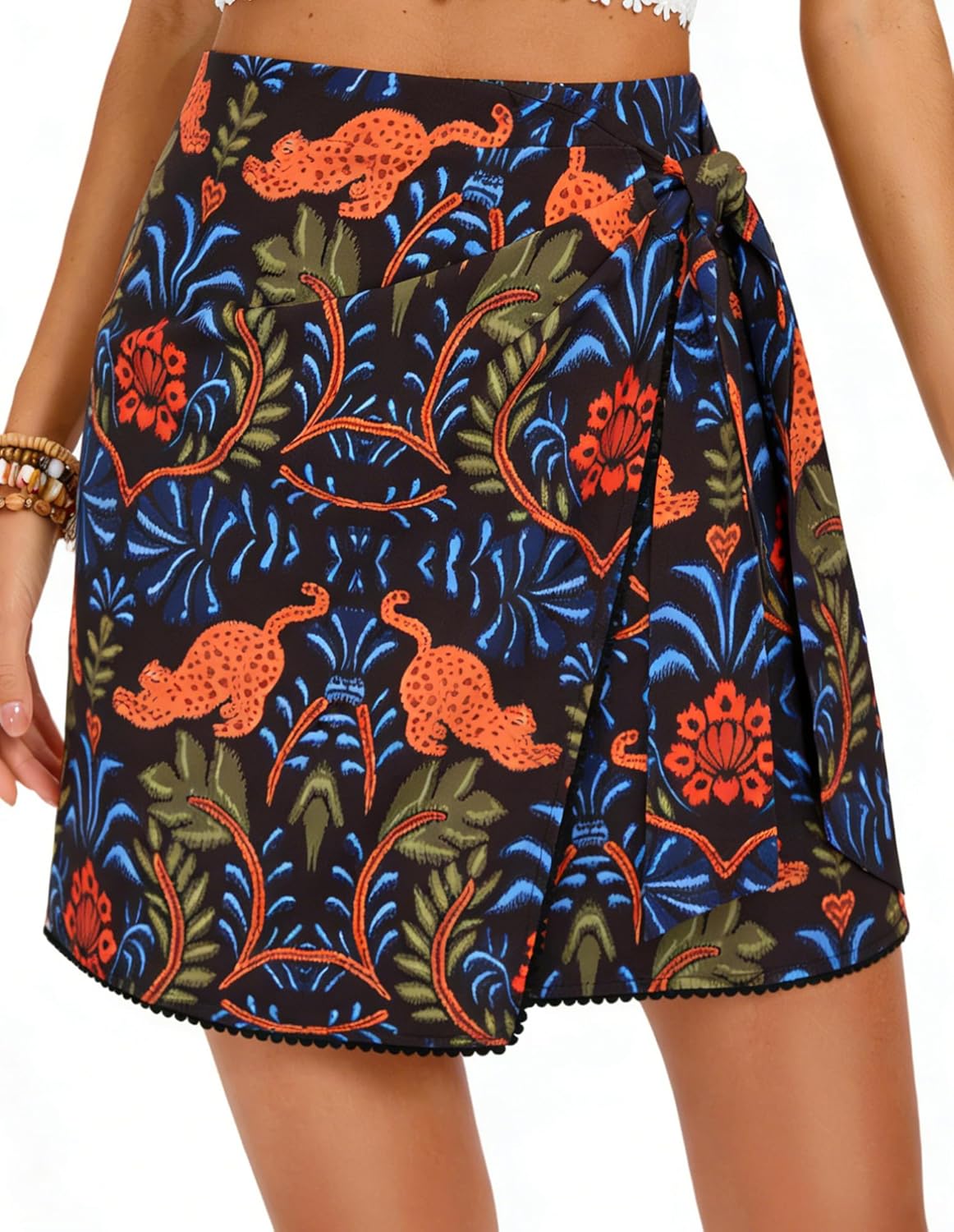 Kate Kasin Women's Boho Mini Skirts Floral Wrap Tie Skirt Elastic High Waisted Summer Casual Beach Skirts 2026