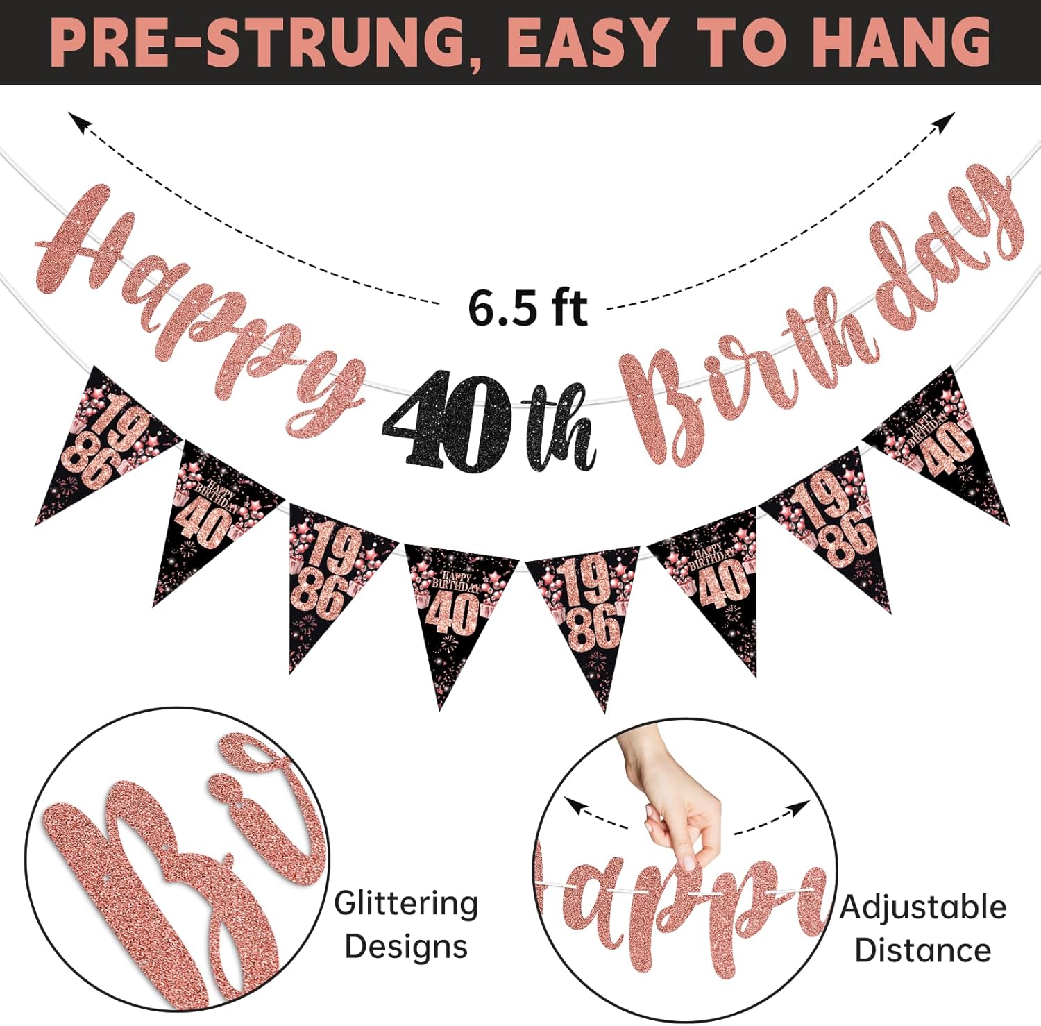 40th Birthday Decorations for Women, Black Rose Gold Happy 40th Birthday Banner Hanging Swirls Vintage 1986 Birthday Decorations Kit Cheers to 40 Birthday Party Supplies - Image 3
