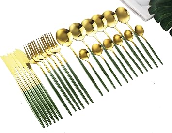24-Piece Green Gold Korean Silverware Set Mirror Polished Stainless Steel Modern Flatware Cutlery Set Service for 6 Including Forks Spoons Knives for Kitchen Dark Green Gold
