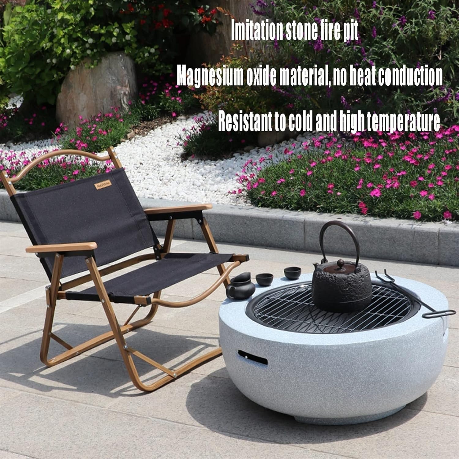 Outdoor Fire Pit Garden Terrace Imitation Stone BBQ Table, Outdoor Wood Burning Fire Bowl with Sparkle Screen Cover and Poker, Outdoor Fireplace