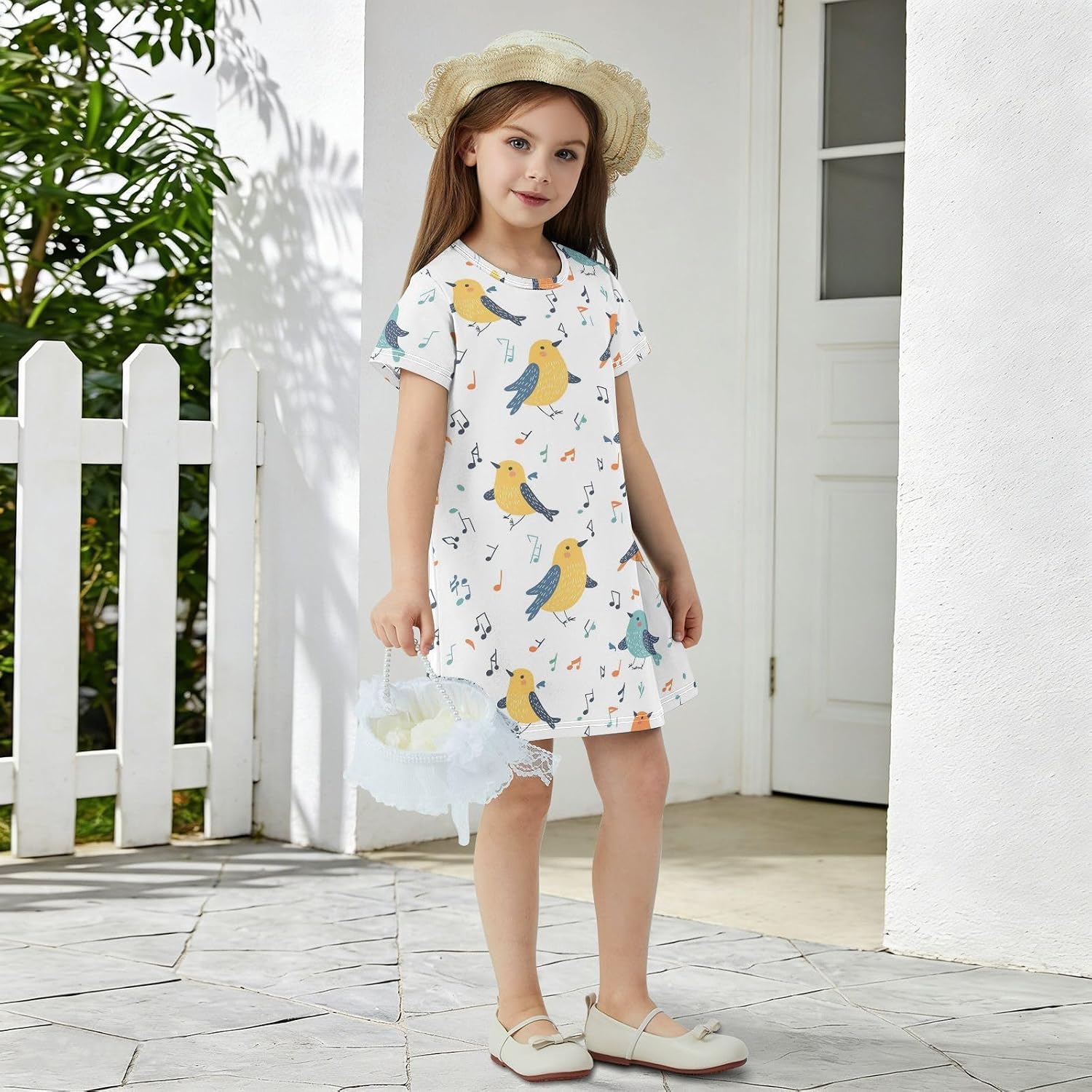 Cartoon Bird Girls Dresses Summer Dresses for Girls with Cotton Short Sleeves for Casual a Line Dress Size 2-8Y