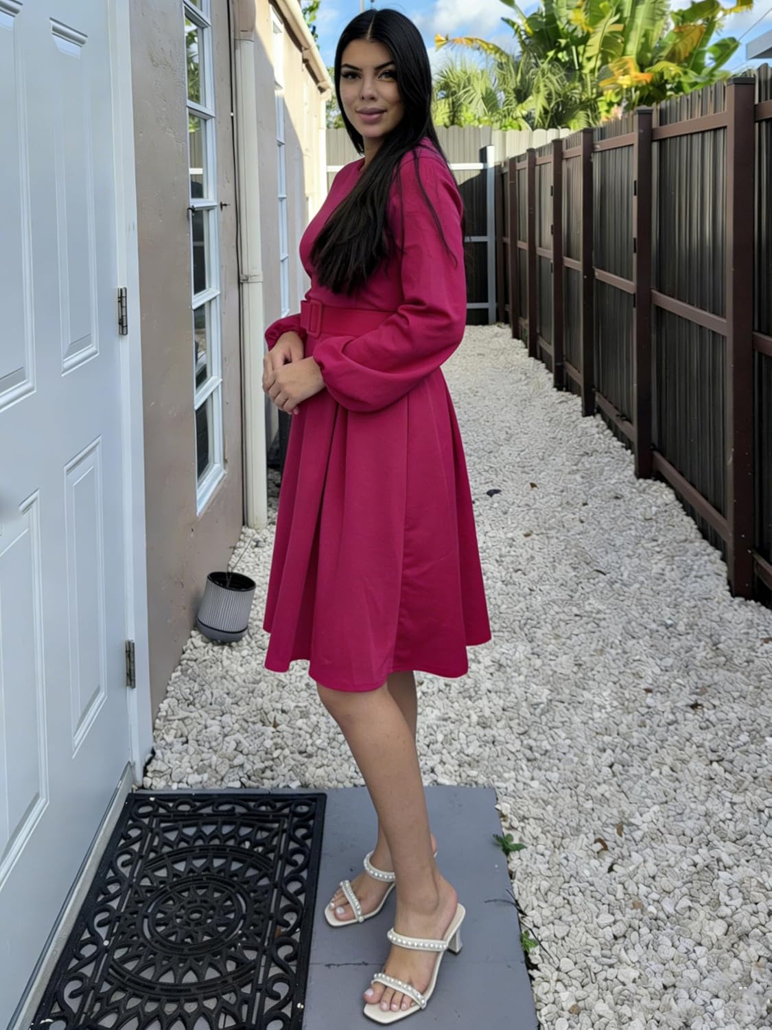 Elainone Women Long Sleeve A Line Dress with Belt Church Wedding Guest Semi Formal Office Dresses - Image 5