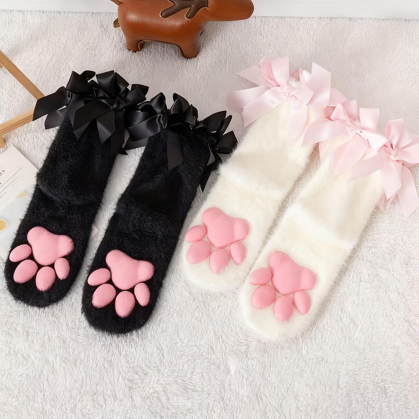 SIROLISA Fuzzy Short Cat Paw Socks, Soft 3D Paw Pad Toe Beans Stockings for Women: Black