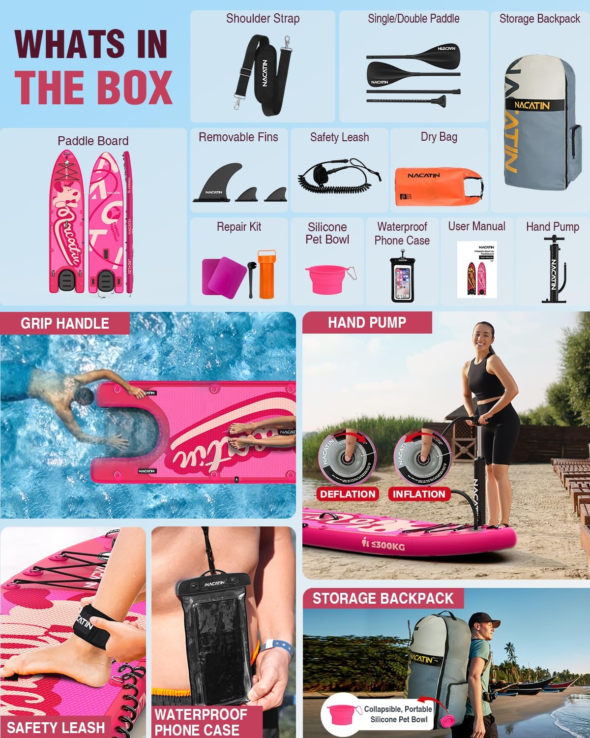 NACATIN Inflatable Stand Up Paddle Board - Premium SUP Board with Dog Ramp Kit, Complete SUP Set Paddle Boards for Adults with Single/Double Paddle, Backpack, Suitable for Paddle Boarding with Dog