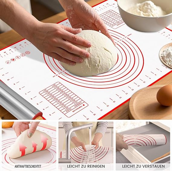Rolling Pin with Silicone Baking Mat Large Stainless Steel Rolling Pin with Wooden Handles 43 cm Non-Stick Metal Rolling Pin Kitchen Rolling Pin Baking Accessories for Pizza Pasta Dough Cookie Cake Fondant Pastry