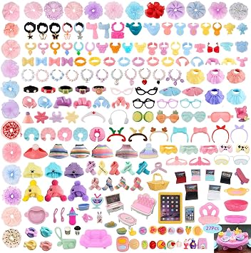 Random Accessories Pack, Mixed Outfit Clothes Hat Glasses Wings Bow Skirt Collar Food Drink Decor Set for LPS Shorthair Cat Collie Dachshund Husky Puppy Dog Deer Figures 27pcs Random