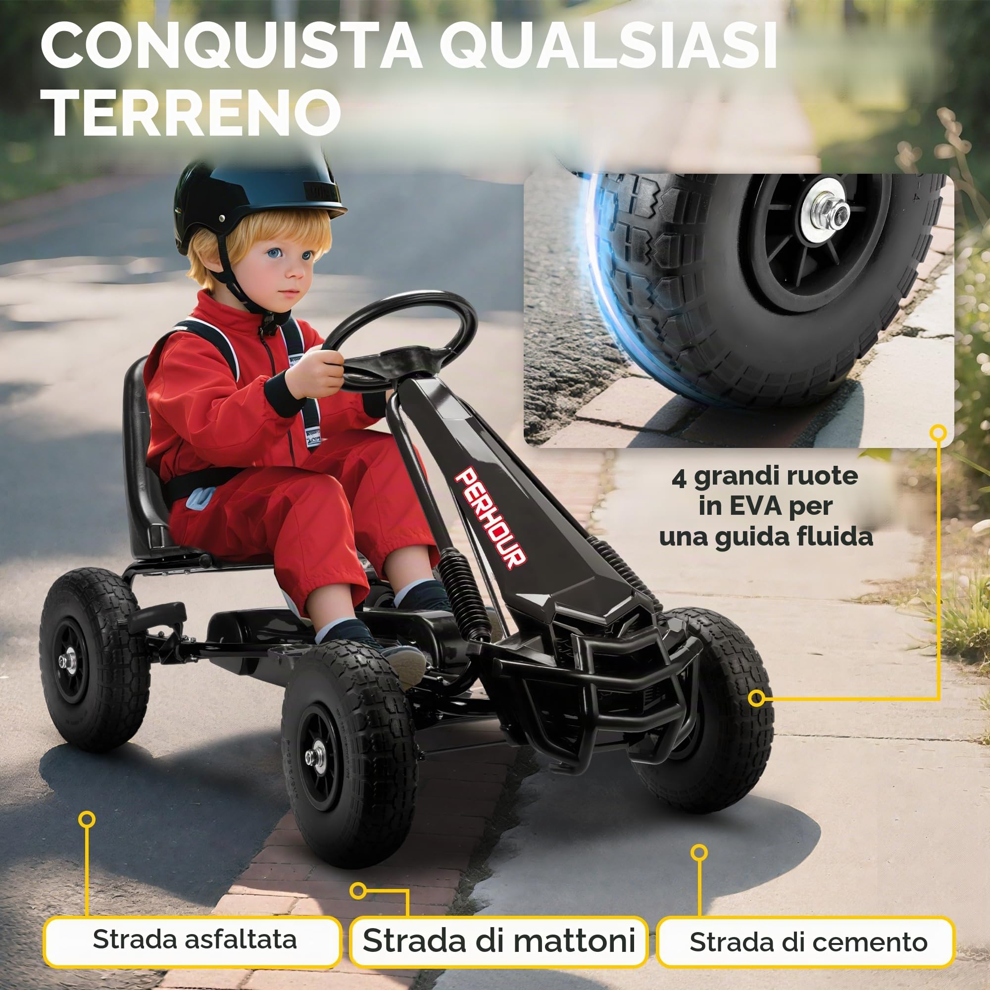 AIYAPLAY Go-Kart a pedali per bambini, con sedile regolabile, pneumatici EVA, frizione e freno manuali, veicolo a pedali per bambini e bambine dai 3 agli 8 anni, nero