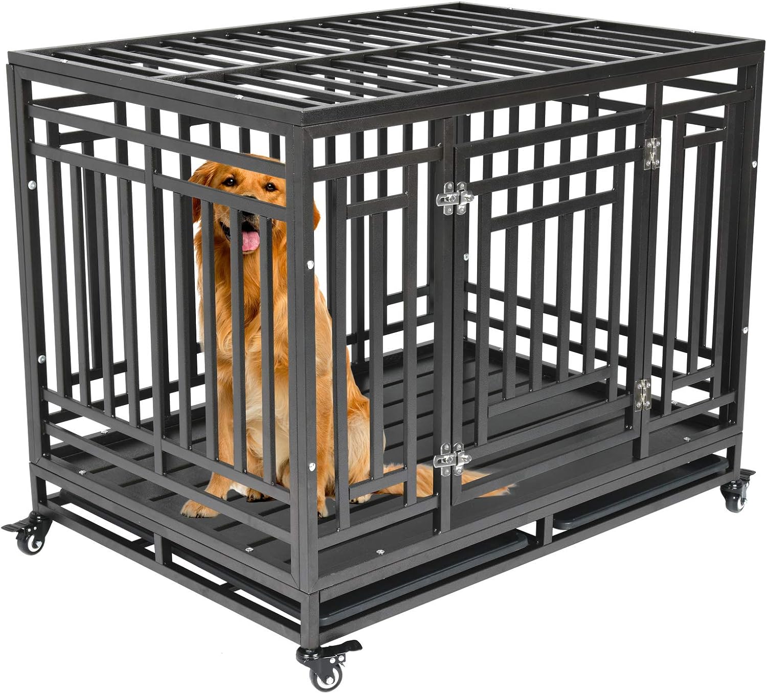 Heavy Duty Dog Crate - Nurxiovo Dog Kennel for Large Pets with Strong Metal Playpen Sturdy Steel Crate with Removable Tray Four Wheels 42''