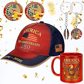 5 Pcs 250th Anniversary USA Gifts Set 1776-2026 Veteran Gift Patriotic Commemorative America Enamel Pins Red USA Baseball Hat Metal Coin Ceramic Mug Keychain for Patriot's Day
