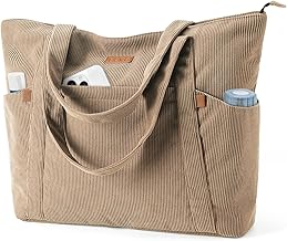 Large Women's Shoulder Bag, Corduroy Tote Bag with Zipper, 17 Inch Laptop Bags, Lightweight Shoulder Bags for Beach Travel Work Shopping School Gym Office, Khaki, Tote