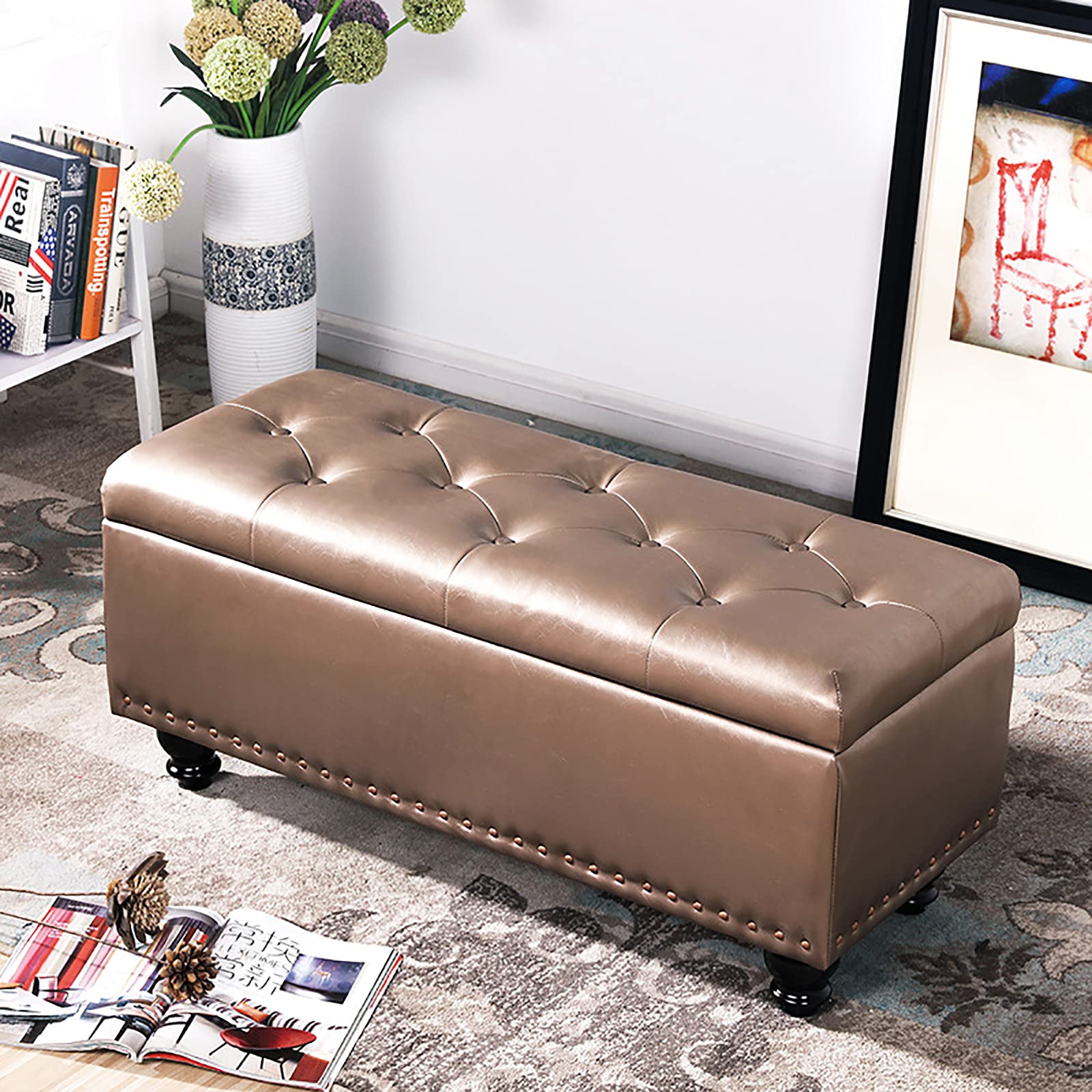 ZHANGshouf Modern Faux Leather End of Bed Storage Bench Multifunctional Footstool for Bedroom and Living Room Champagne Gold Ottoman Bench with Storage Space 80x40x45cm