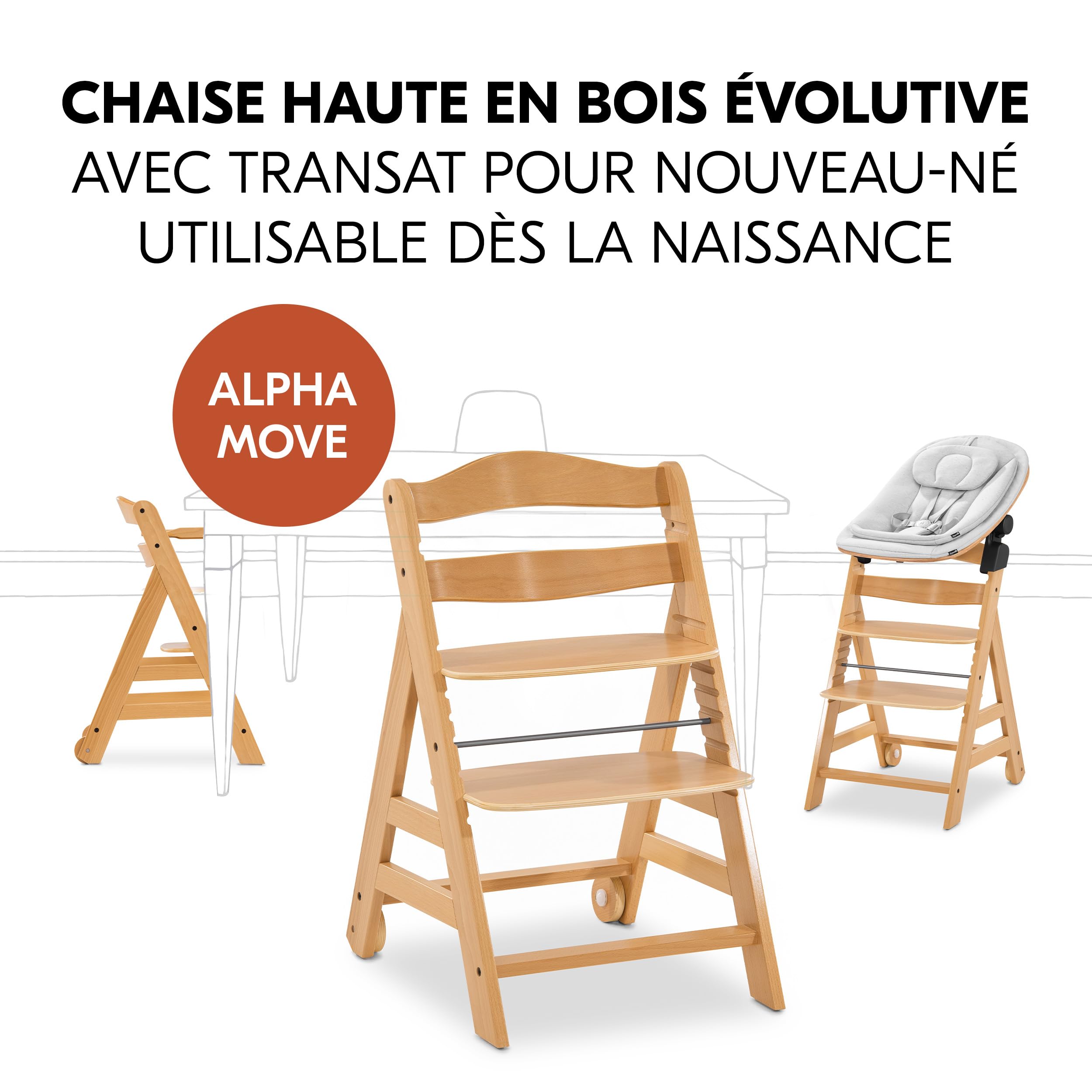 hauck Chaise Haute Bébé Alpha Move avec Siège Nouveau-né Eco - Natural | Chaise haute évolutive en bois, de la naissance à 90 kg, inclus assise bébé, coussin, tablette repas, roulettes