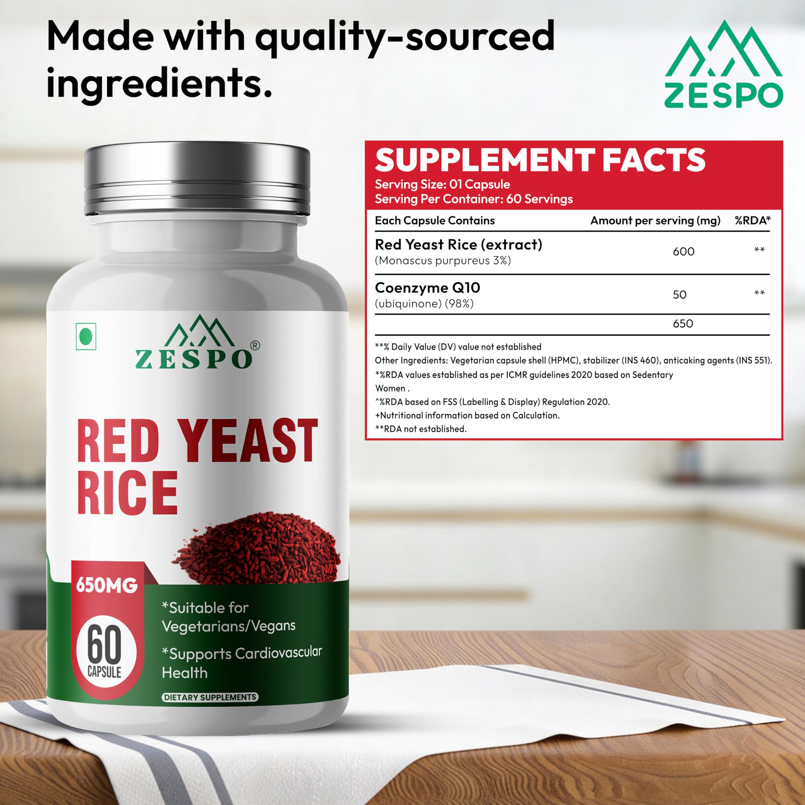 ZESPO Red Yeast Rice 650mg with CoQ10 β 60 Veg Capsules | Plant-Based Supplement for Daily Wellness & Heart-Friendly Nutrition | No Gluten, No Soy, Non-GMO 2