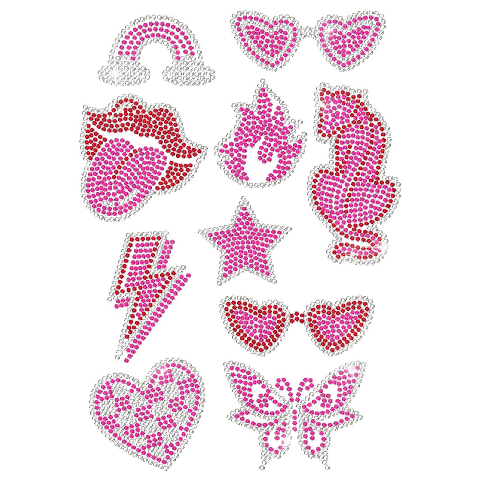 MAYJOYDIY 10 Styles Pink Leopard Red Lip Rhinestone Iron on Hotfix Transfer Rainbow/Star/Heart/Flame/Lightning/Sunglasses/Butterfly/XOXO Bling Patch Rhinestone Heat Transfer Decal for Clothes Bag Pant