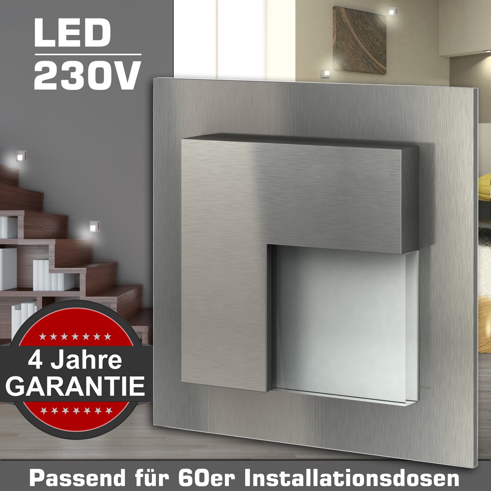 trendlights24 Belluno LED Treppenbeleuchtung Edelstahl eckig 230V - 4er Set je ca. 1W Warmweiß - Treppenlicht für Schalterdosen - Wandleuchte innen