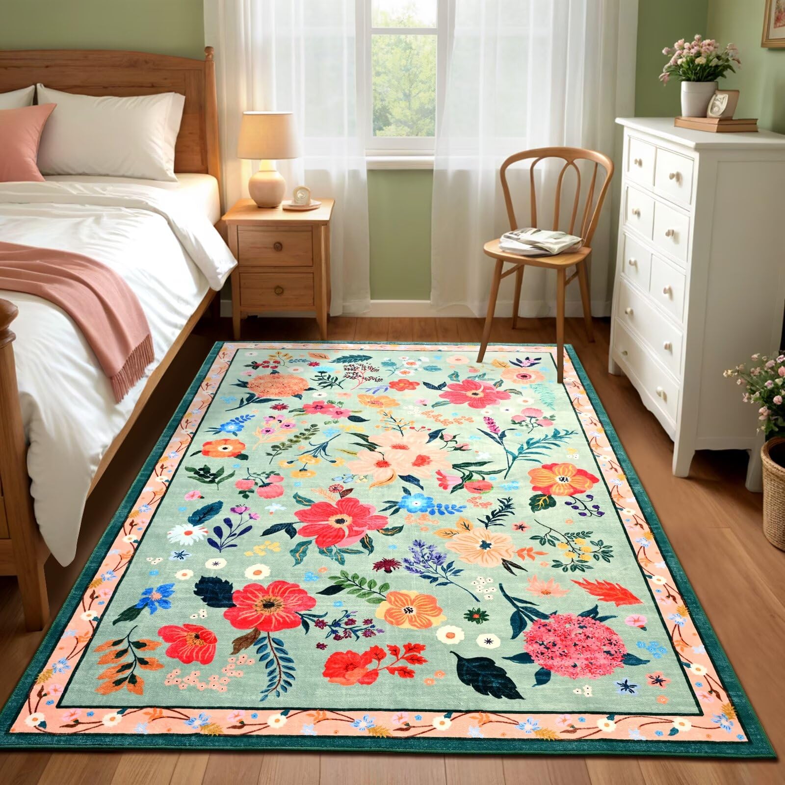 9x6 Washable Floral Rug, Vibrant Flower Pattern Boho Rugs for Bedroom, Low Pile & Non Slip Cottage Style Floor Decorated Carpet for Living Room, Kids Room, Office, Dining Room, Light Green