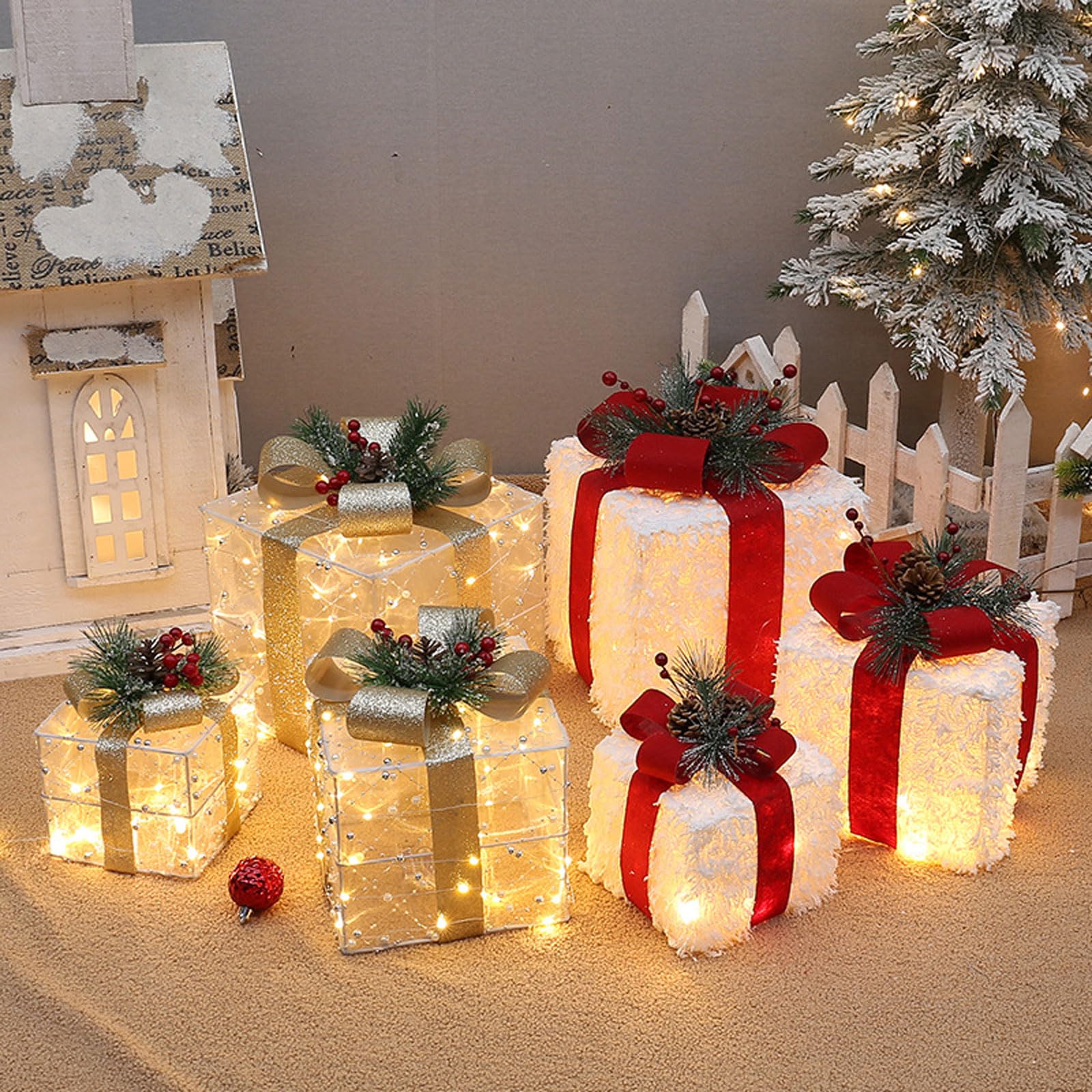 Juego de 3 Cajas de Regalo Iluminadas de Navidad,Decoración de Caja de Nochebuena,Iluminaciones de Navidad,Blanco Cálido Decorado con un lazo,agujas de pino y frutos rojos,para Hogar Jardín Fiesta