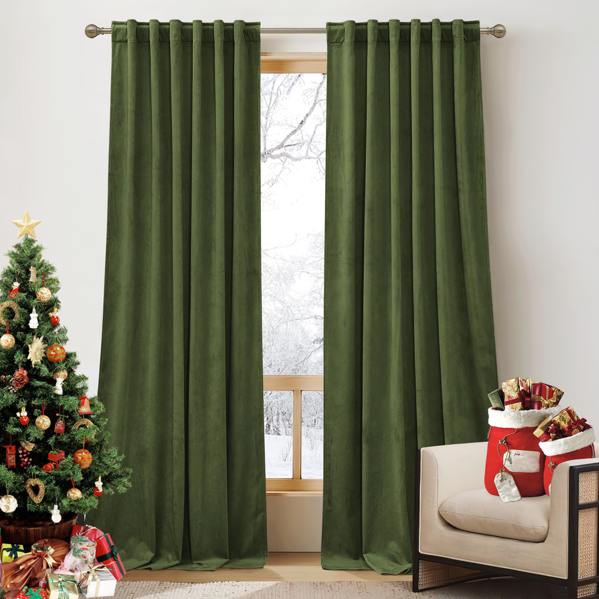 RYB HOME Olive Green Velvet Curtains 96 inches - Blackout Curtains for Living Room, Thermal Insulated Noise Reducing Panels Soft Luxury Window Decor for Kids Bedroom, 2 Panels