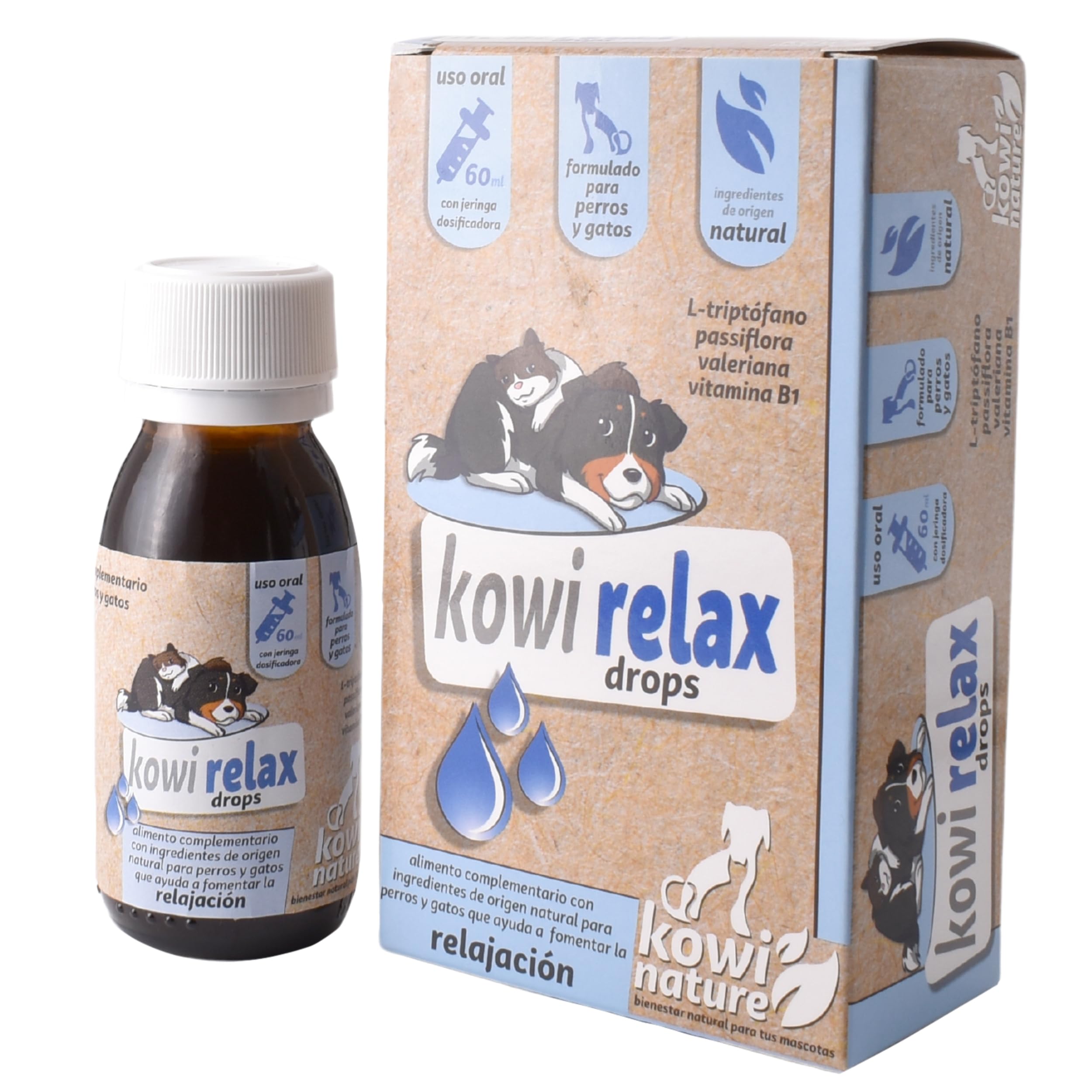 KOWI Relax Drops Relajante para Perros y Gatos. con L-Triptófano, Passiflora, Valeriana y Vitamina B1. Complemento Que Ayuda a Calmar la Ansiedad y el Estrés. Ingredientes Naturales. Frasco 60 ml.