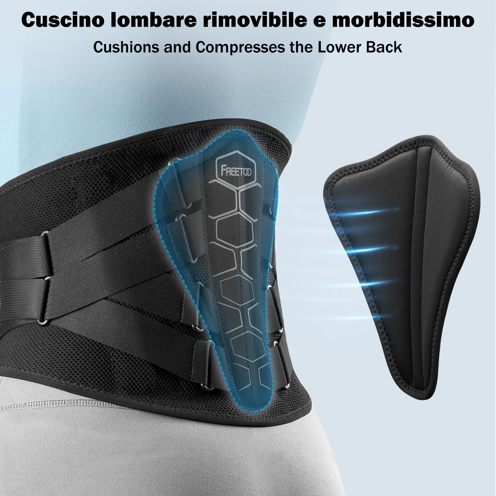 FREETOO Fascia Lombare Supporto Schiena, per Uomini e Donne, Ortopedico, Busto per Alleviare la Sciatica, design ergonomico per lenire la muscolatura (M)