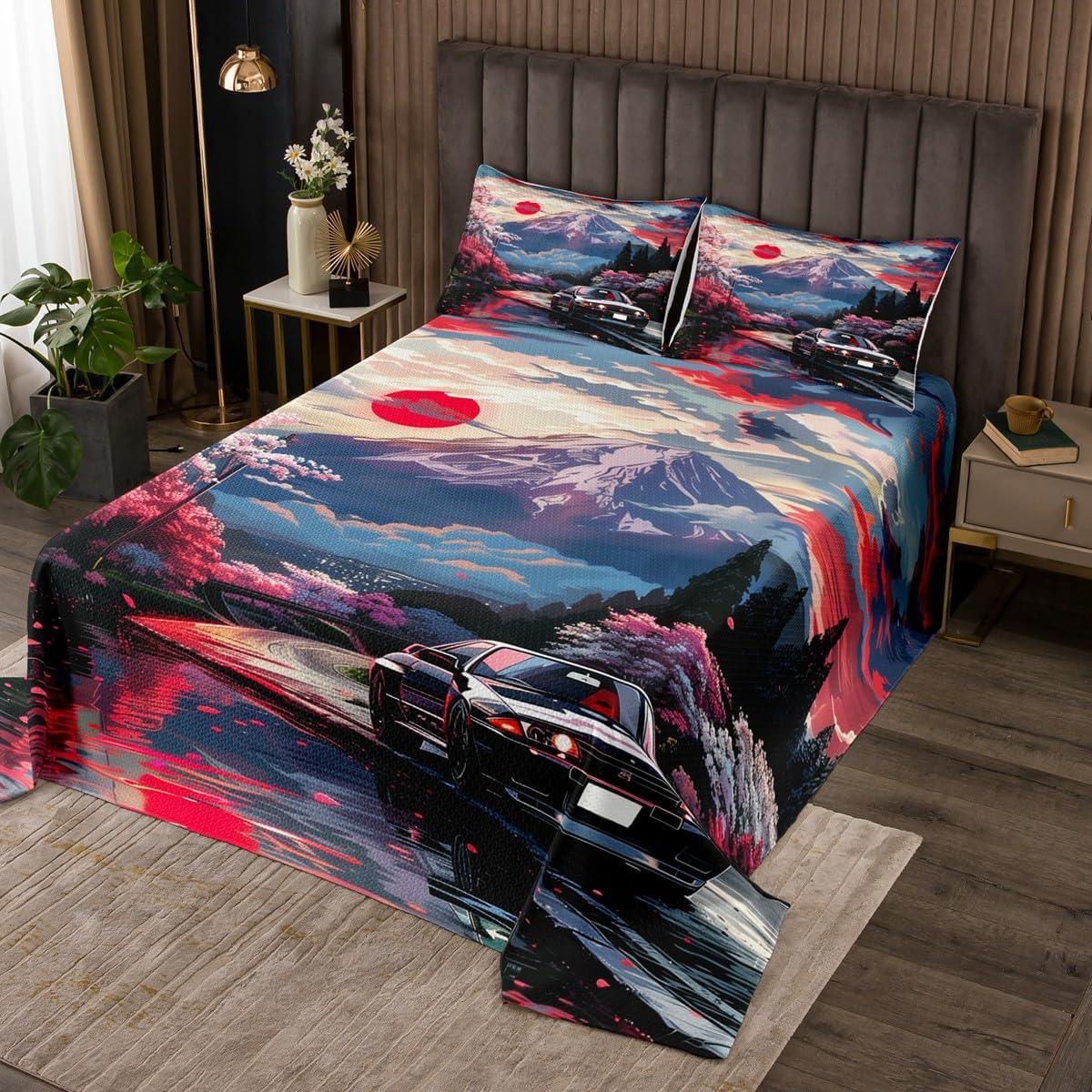 Off-Road Truck Kids Bedspread Twin Size,Adventure Vehicle Extreme Sports Games Coverlet Set,Boys Men Room Decor,Western Tropical Desert Quilted Coverlet,Red Black Bedding Quilt,1 Pillowcase