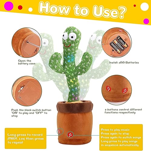 Miniatura 5 de Emoin Juguete de cactus bailarín, cactus parlante, repite lo que dices, canta, repite, baila, grabación, grabación electrónica de cactus bailarín,